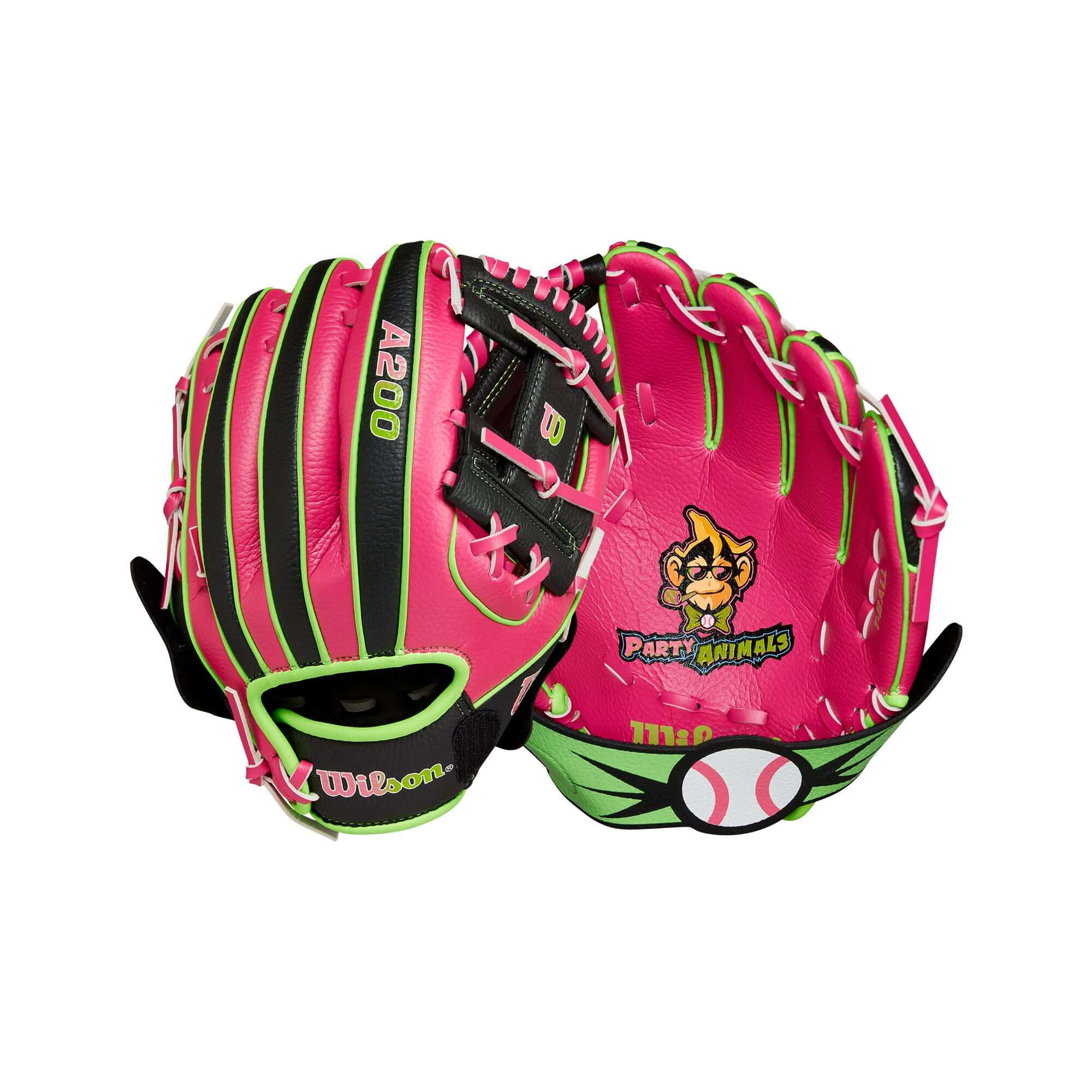 Wilson A200 Party Animals EZ Catch 10" glove in black with flamingo pink and green accents, ideal for youth baseball.