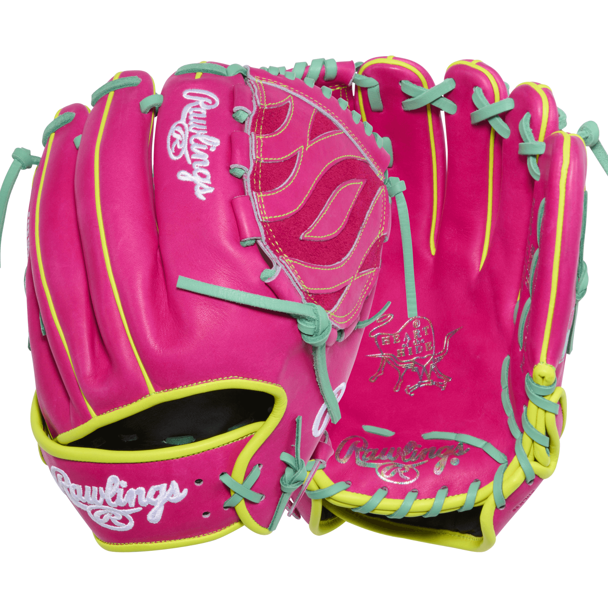 Rawlings Heart of the Hide 12 inch utility baseball glove front and back view with chromatic foil details