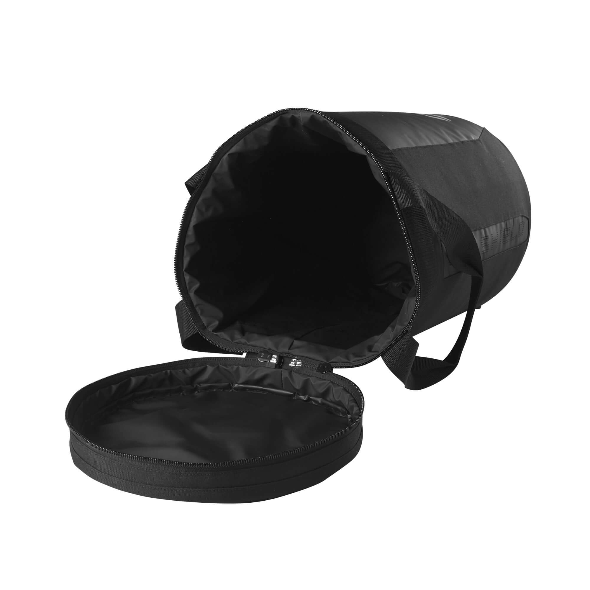 Open EvoShield Ball Bag in black, designed for carrying baseballs and softballs, featuring durable nylon and water-resistant bottom.