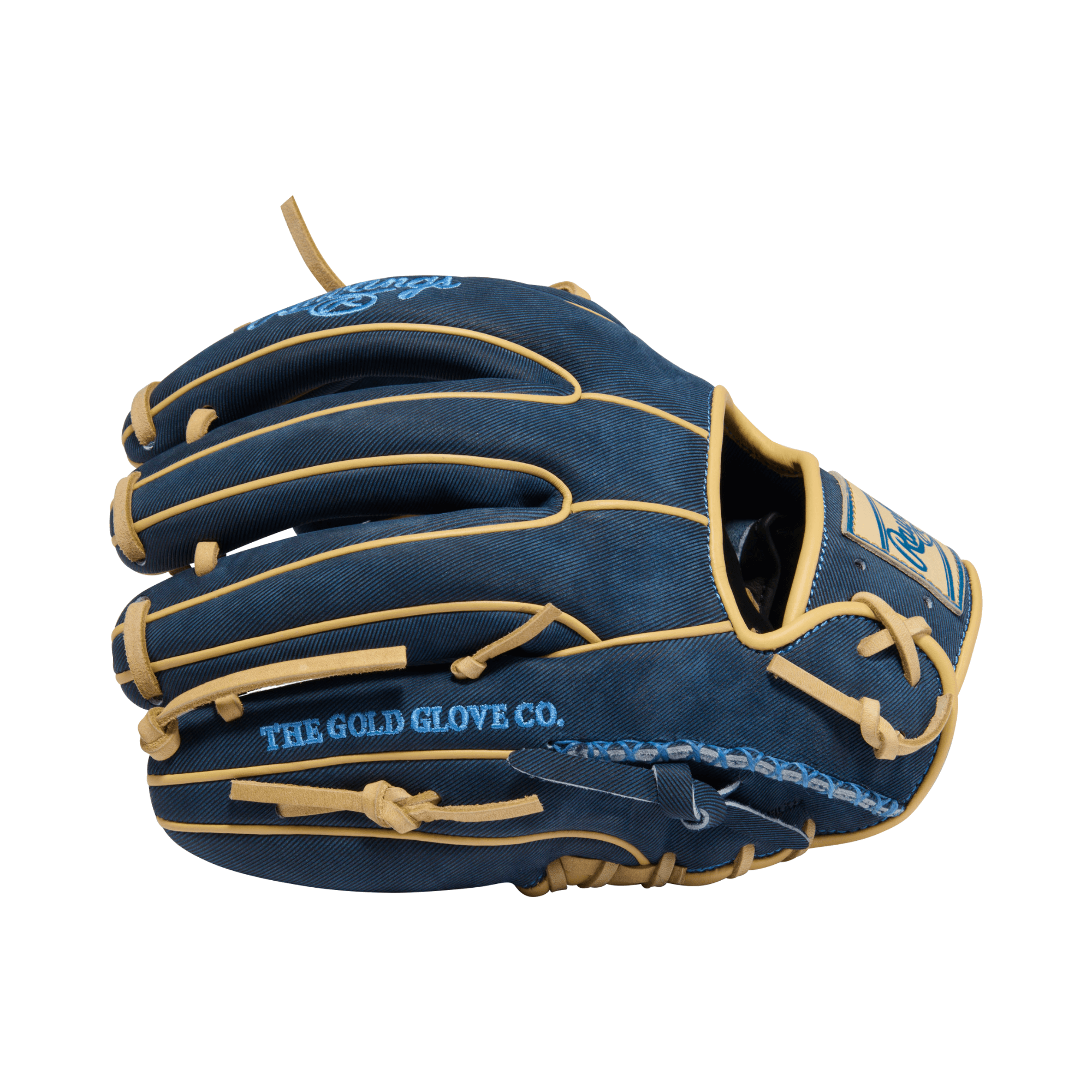 Rawlings February 2026 Gold Glove Club RGGC (GOTM) PROR314-2XDN 11.75" Glove, denim color, backhand view with tan lacing.