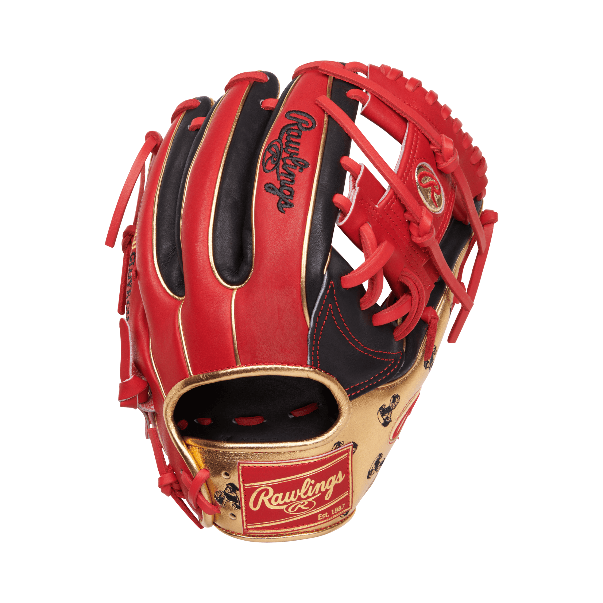 Back view of Rawlings June 2025 Gold Glove Club Baseball Glove with gold embroidery.
