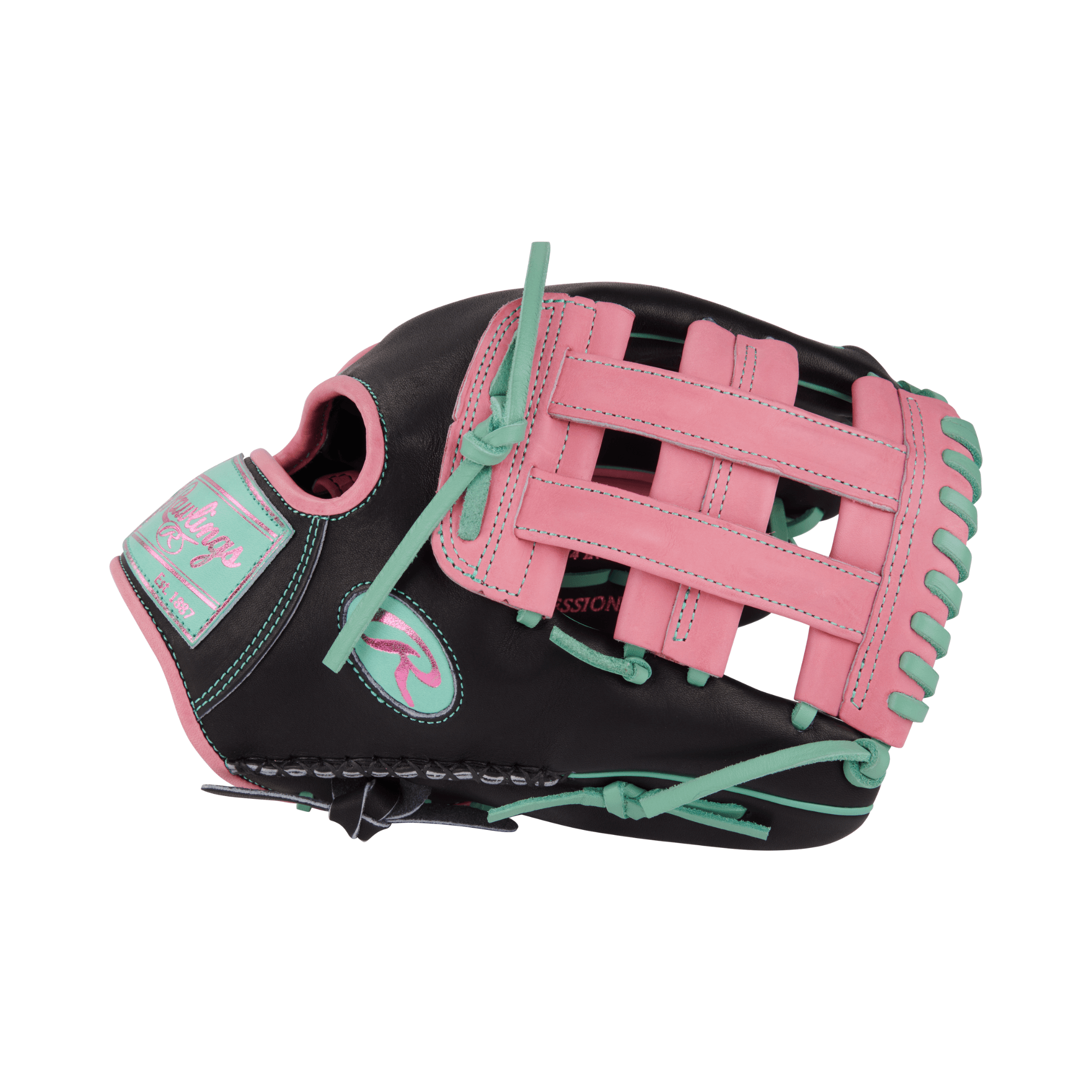 Close-up of the left side and thumb of the 12.25'' glove showing mint accents on the laces and handsewn welting.