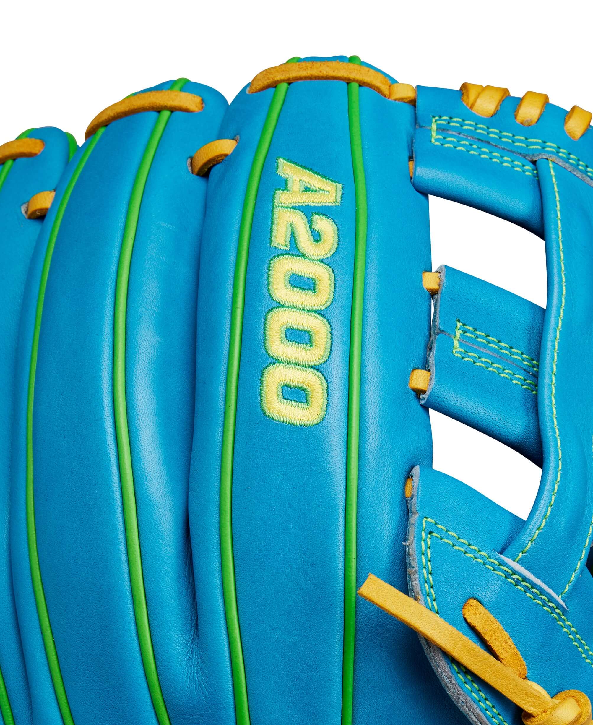 Wilson A2000 PP05 Sky Blue 11.5" glove close-up showcasing vibrant color and design features.
