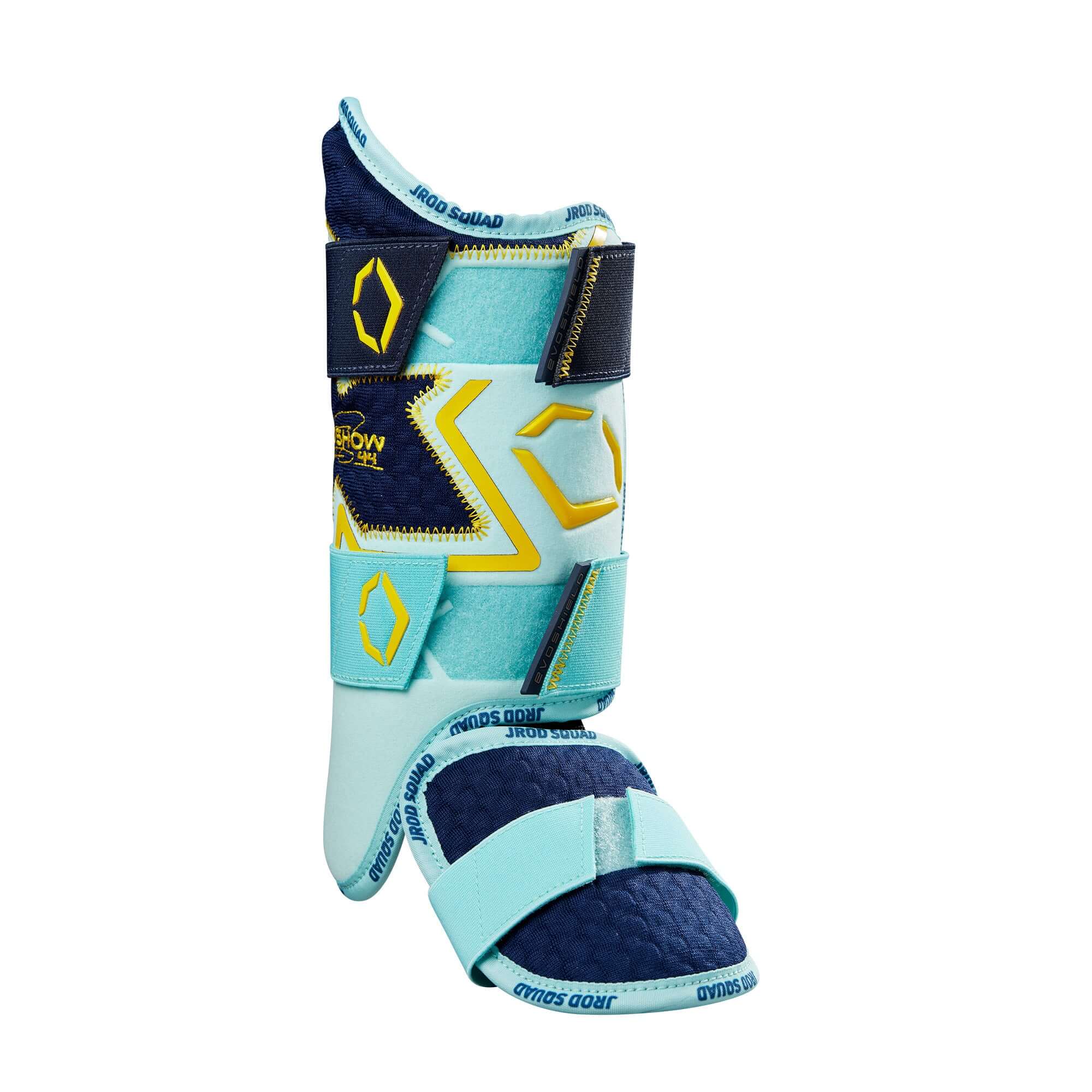 Evoshield STMNT-SRZ JR44 Leg Guard in Seafoam, VB, and Yellow with ergonomic design for max protection and comfort.