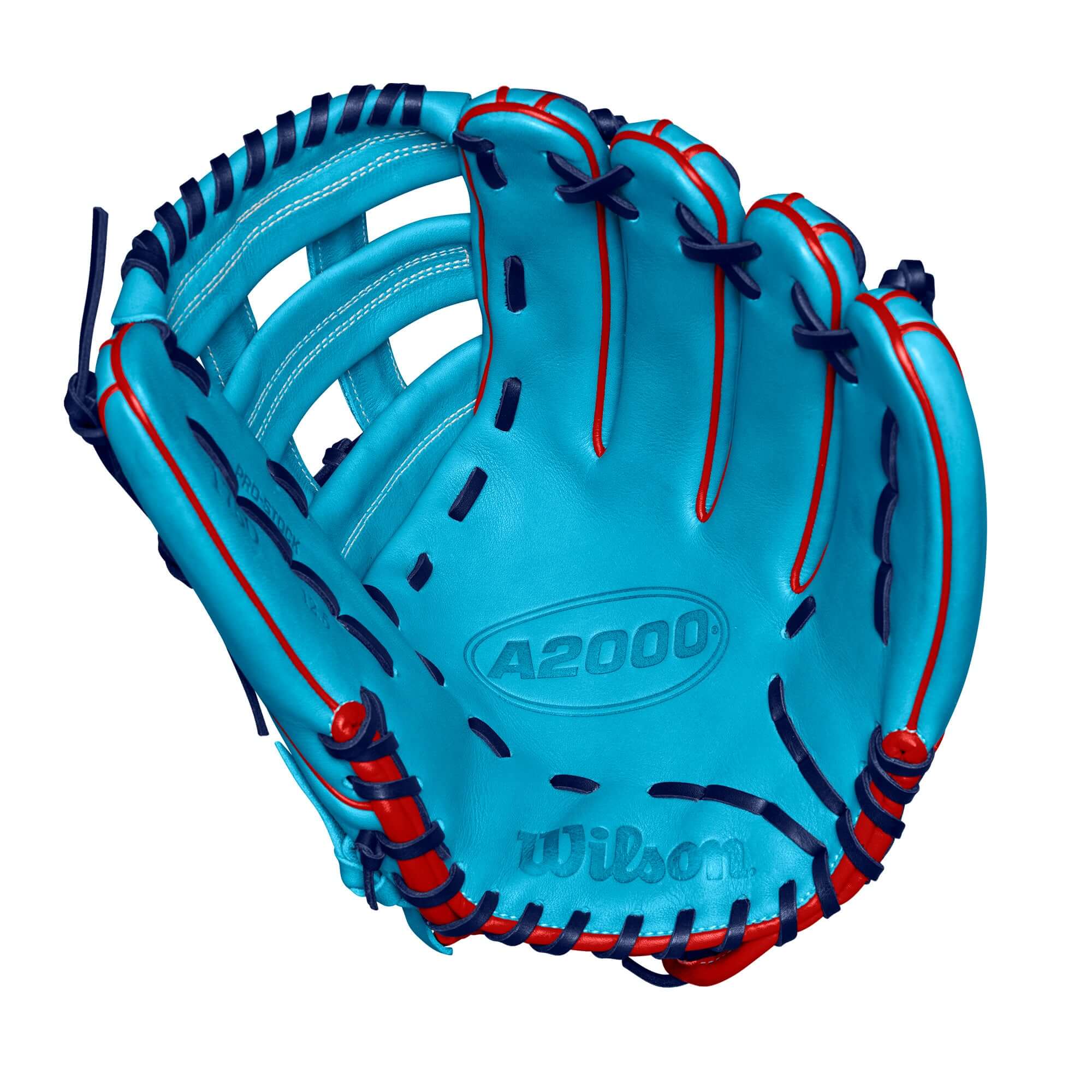 Wilson A2000 1750 outfield baseball glove in sky blue and red, 12.5" size, designed for enhanced control and fit.