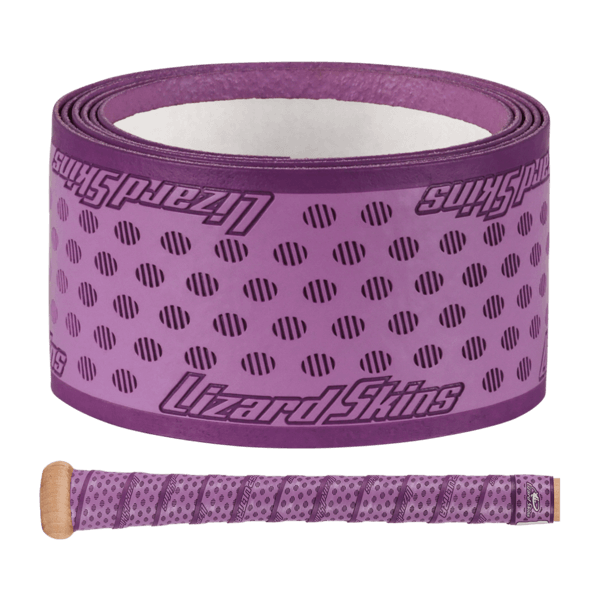 Lizard Skins DSP Ultra Bat Grip - 0.5 mm in purple with oval pattern and 'Lizard Skins' branding, rolled view and handle wrap view.