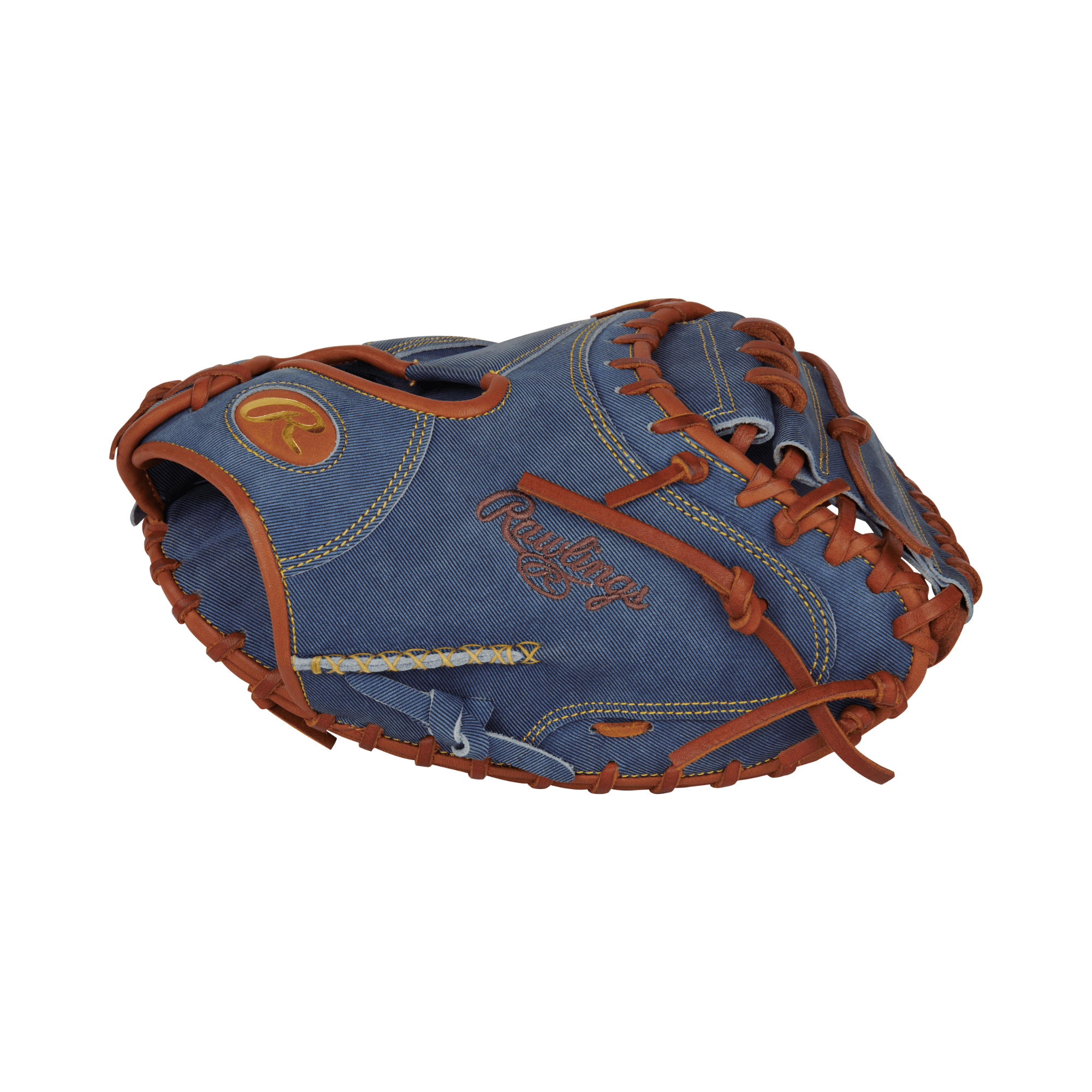 Rawlings Heart of the Hide Pro Label Denim Edition Catchers Mitt in blue with brown stitching and lacing.