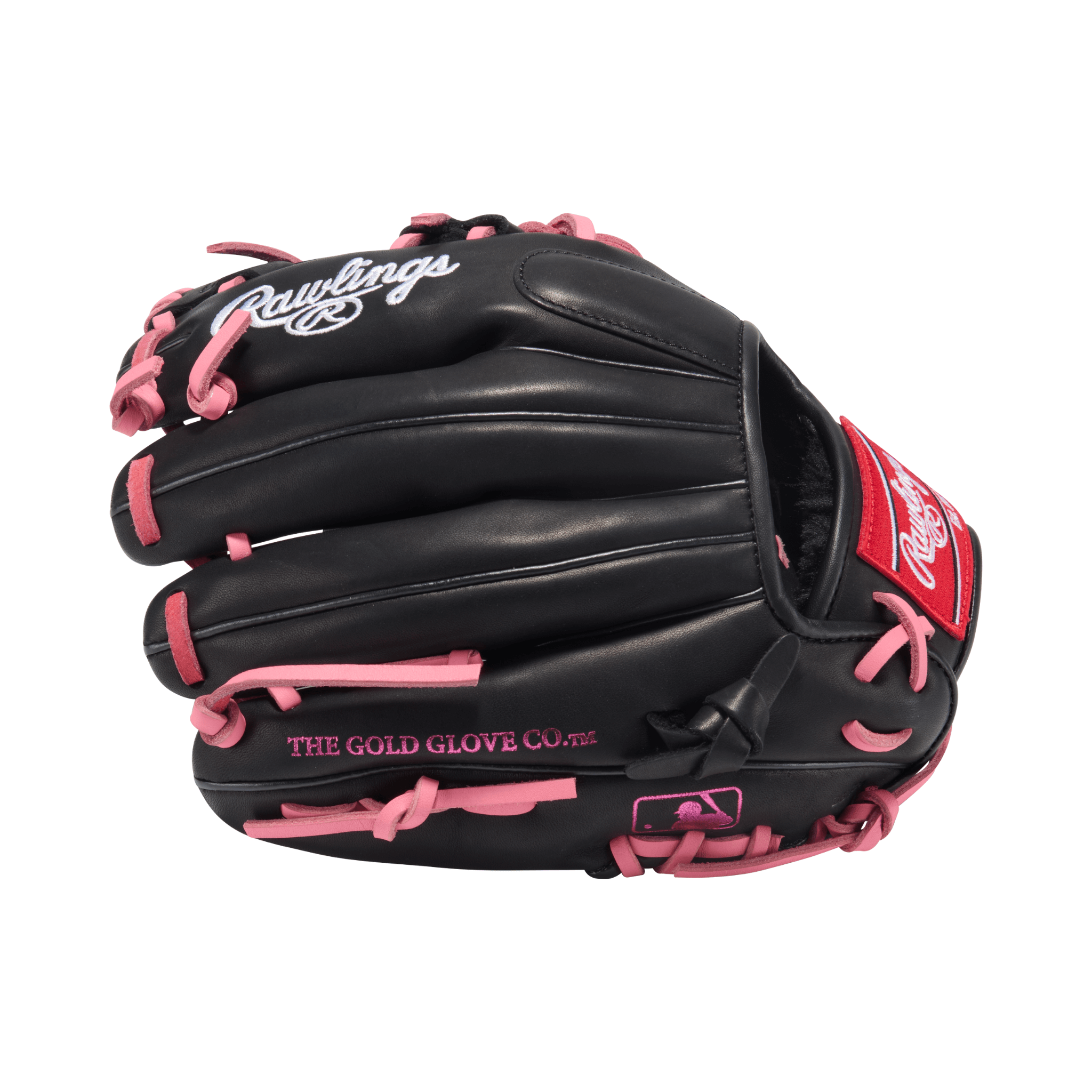 Rawlings R9 11.25" infield baseball glove in black and pink, designed for style and quick plays.