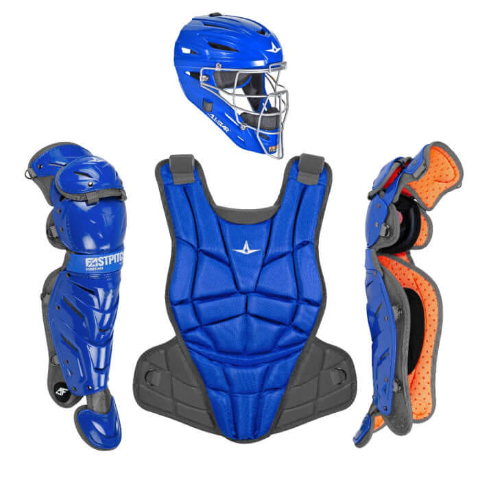 All-Star AFx Fastpitch Catching Kit / Medium, front view of blue helmet, chest protector, and leg guards with orange padding