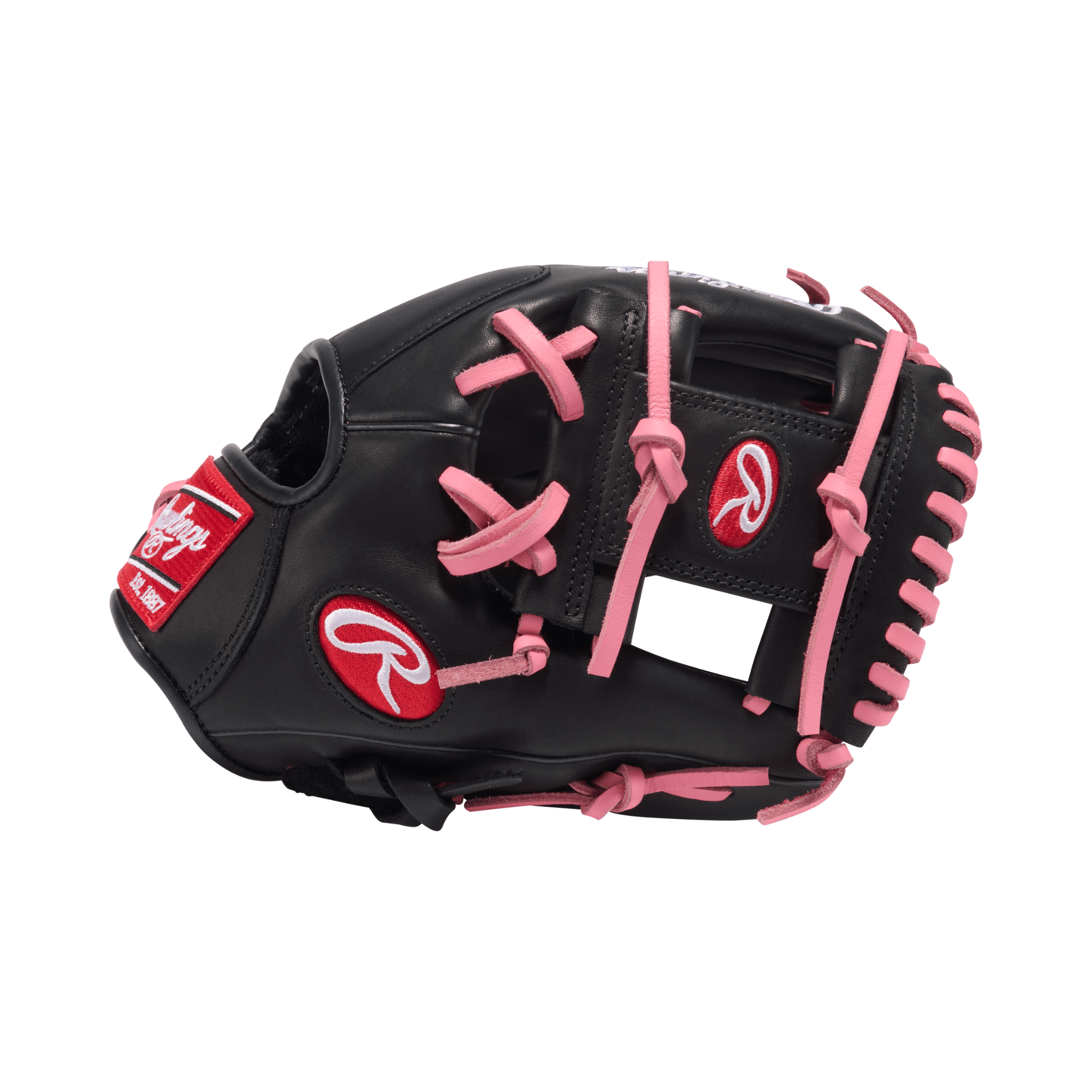 Rawlings R9 11.25" black and pink baseball glove, featuring conventional design and stylish accents for infield play.
