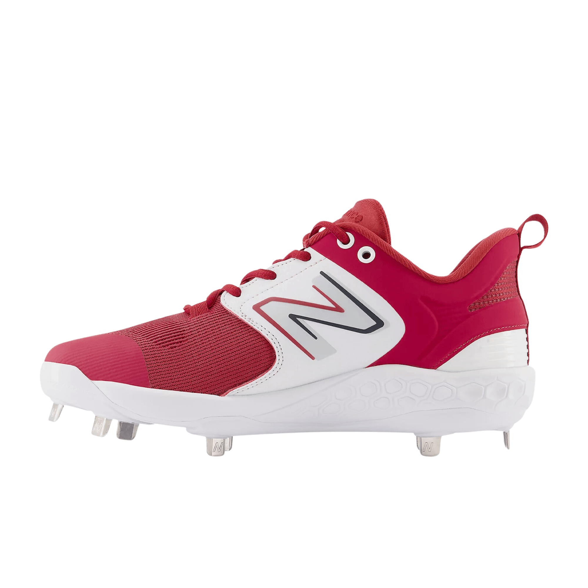 New Balance Fresh Foam X 3000 v6 Metal cleat in cardinal red and white, featuring a PU-coated mesh upper and 8-spike plate.