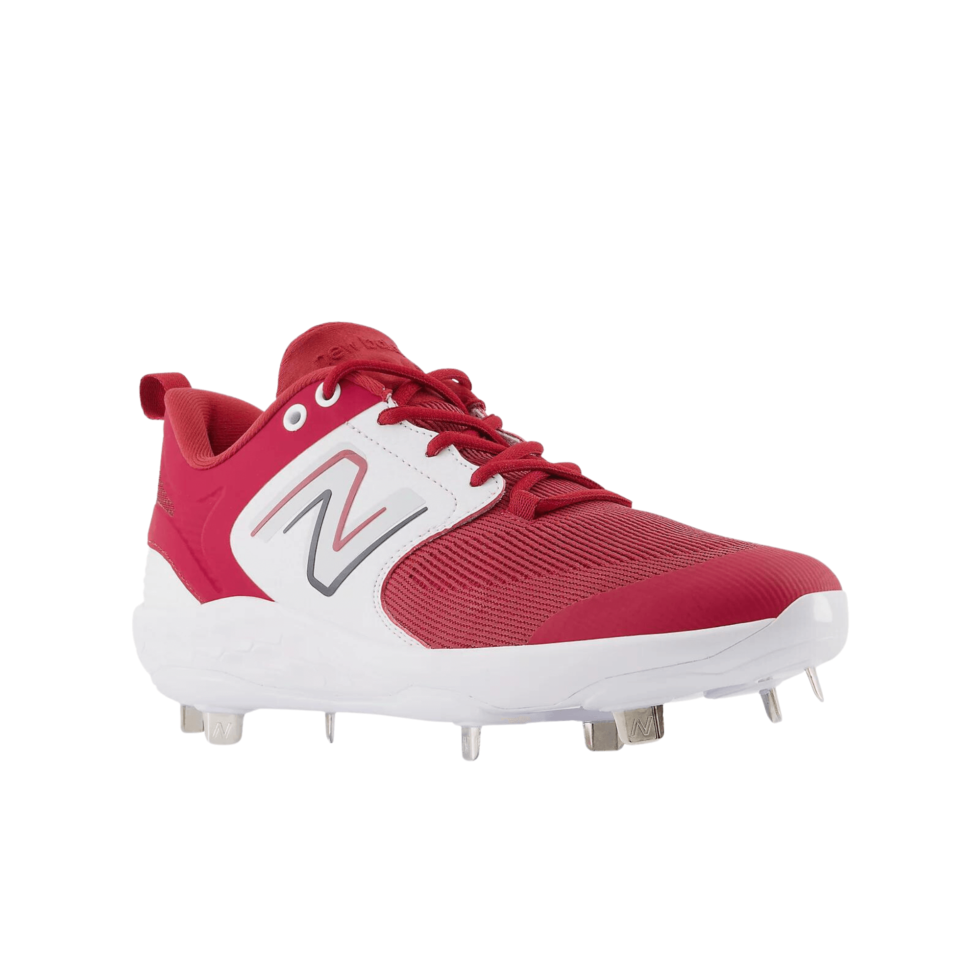 New Balance Fresh Foam X 3000 v6 Metal cleat in cardinal red with white accents and metal spikes for superior traction and comfort.