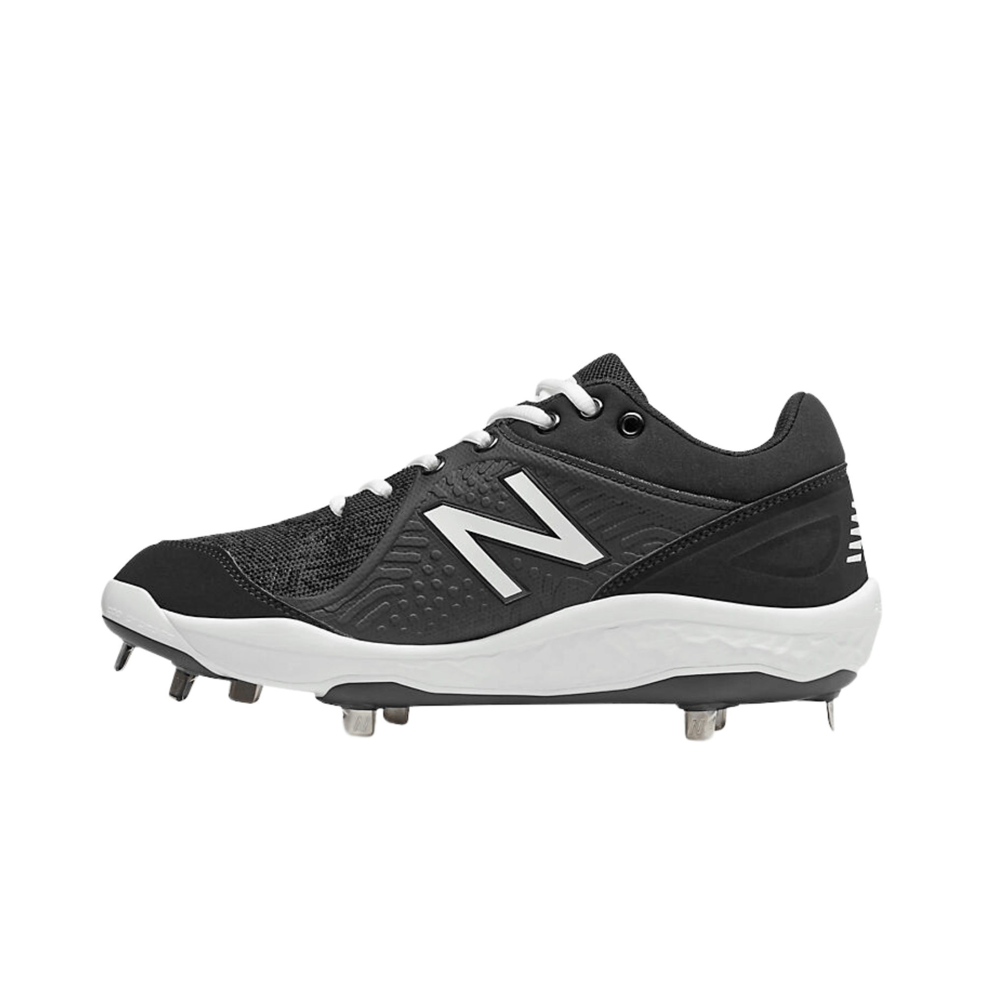 New Balance Low-Cut Fresh Foam 3000v5 Metal Baseball Cleats in black with white logo and durable outsole design.