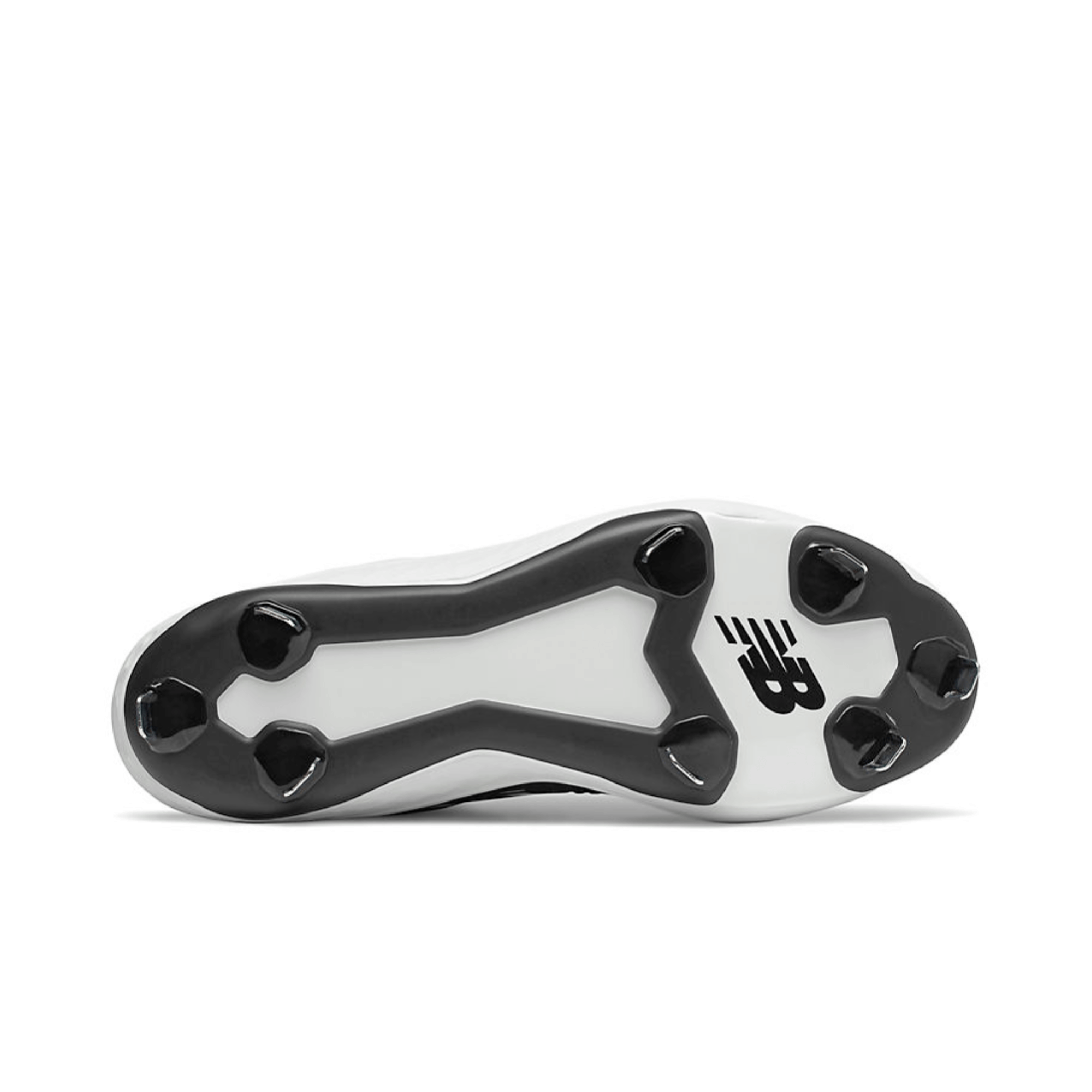 Bottom view of New Balance Fresh Foam 3000v5 metal baseball cleats showcasing traction spikes and logo.