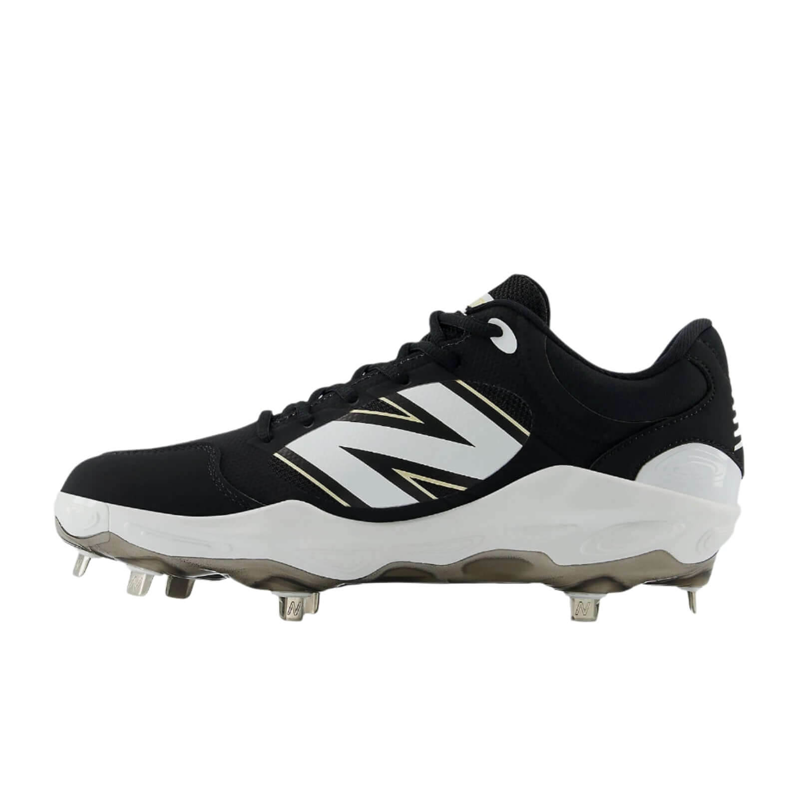 Side angle 3 of New Balance Fresh Foam X 3000v7 cleat highlighting the TPU heel clip and streamlined design in Black.