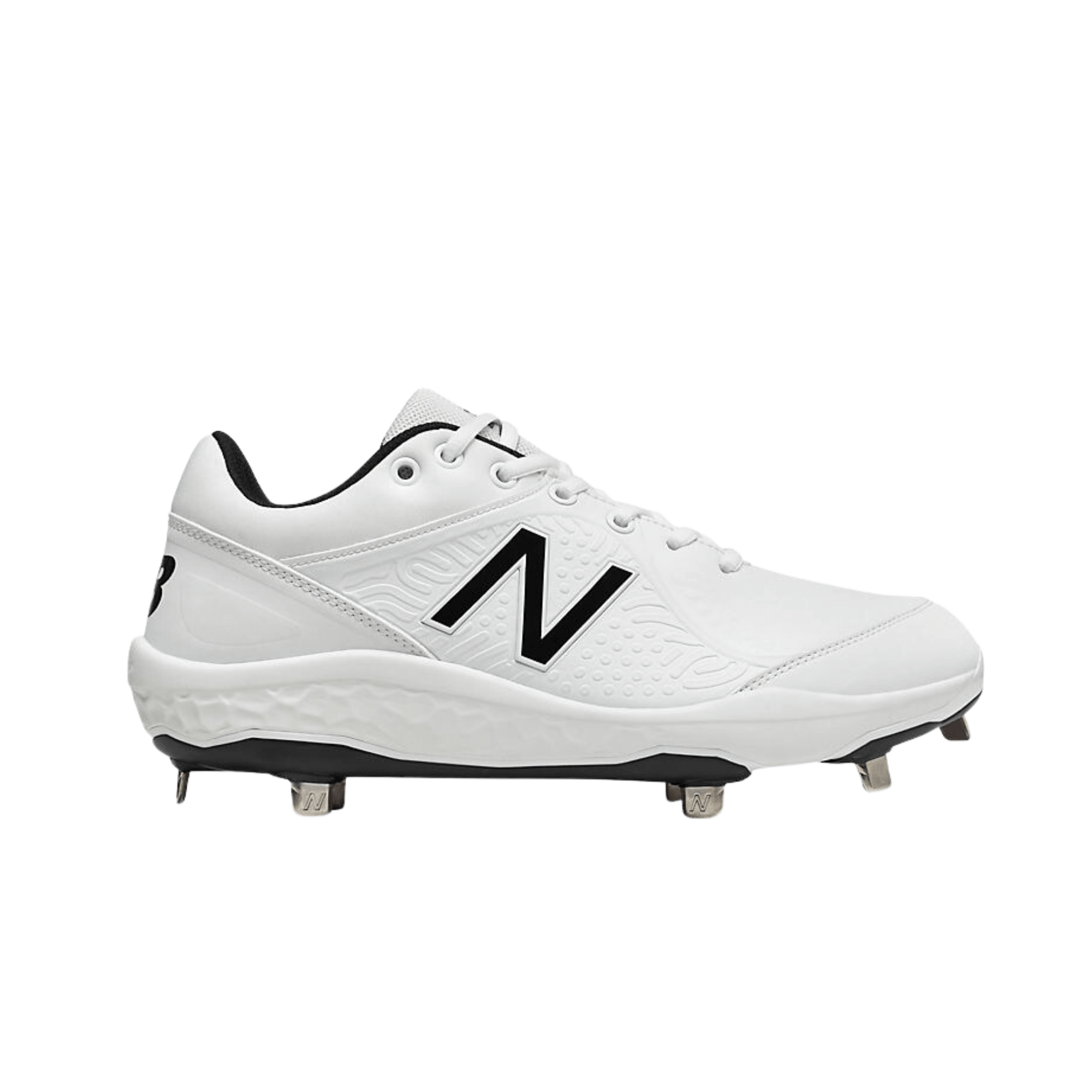 New Balance Low-Cut Fresh Foam 3000v5 Metal Baseball Cleats in white, featuring a sleek design and durable traction for performance.