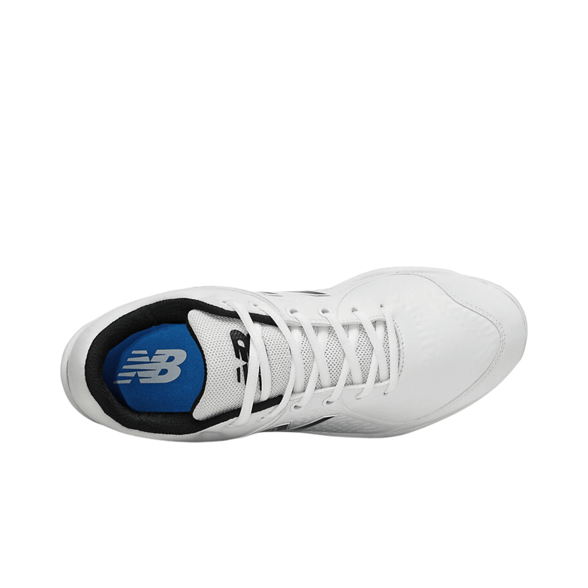 Top view of New Balance Low-Cut Fresh Foam 3000v5 Metal Baseball Cleats in white with blue accents.