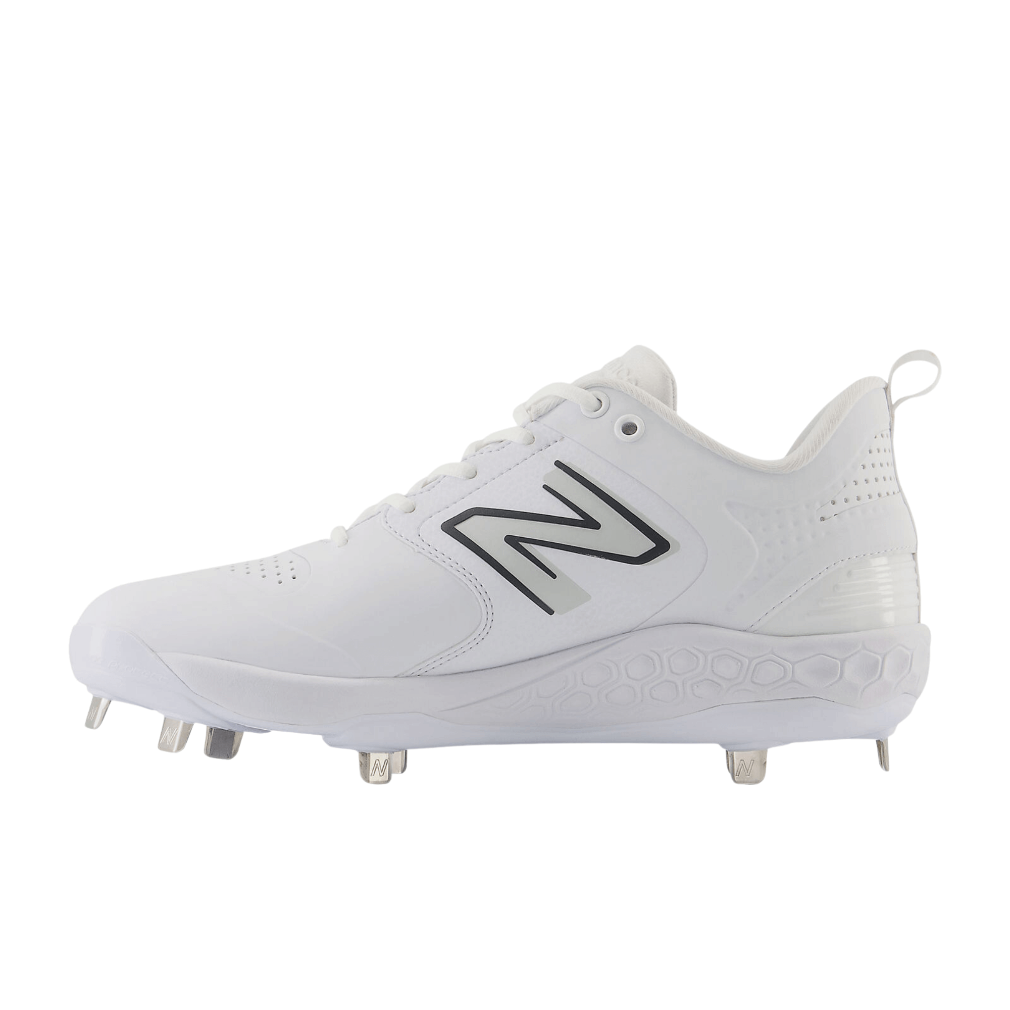 New Balance Fresh Foam X 3000 v6 Metal Synthetics baseball cleat in white with black accents and spikes, showcasing durability and comfort.