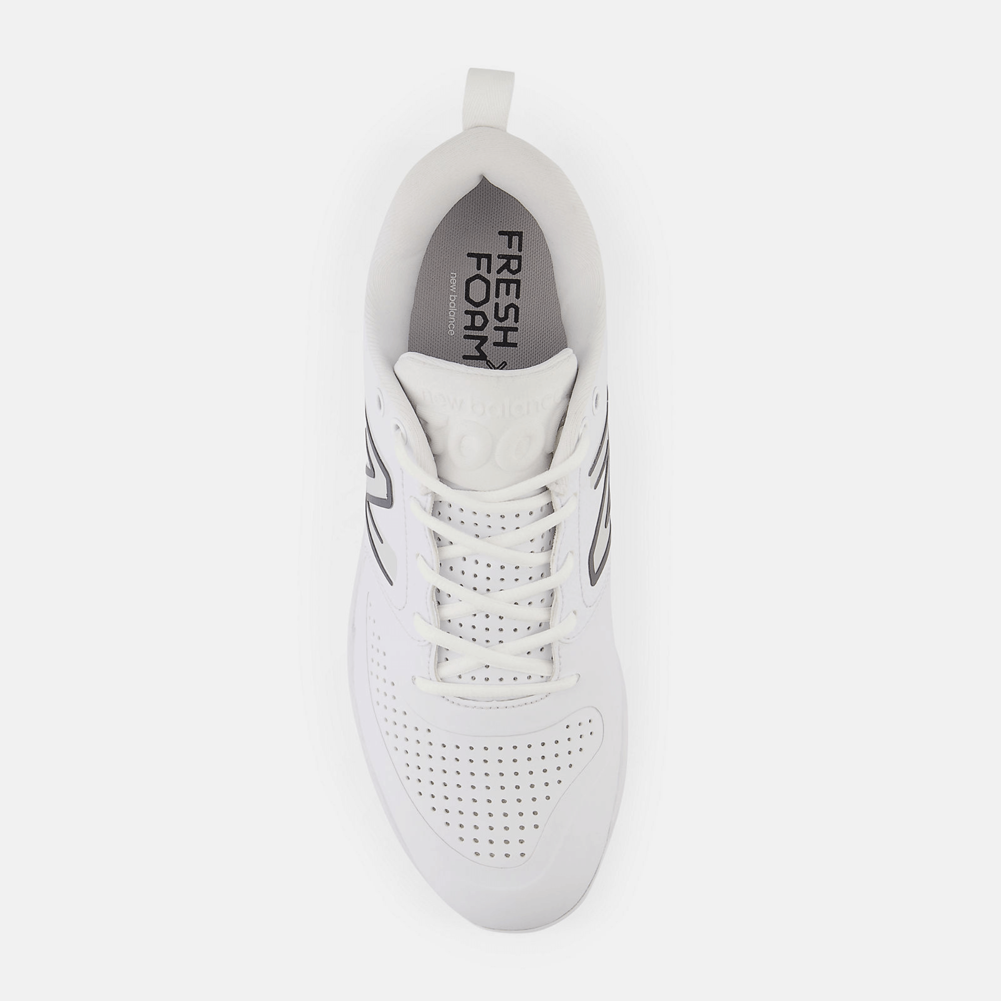 Top view of New Balance Fresh Foam X 3000 v6 Metal Synthetics baseball cleat in white with perforated upper.