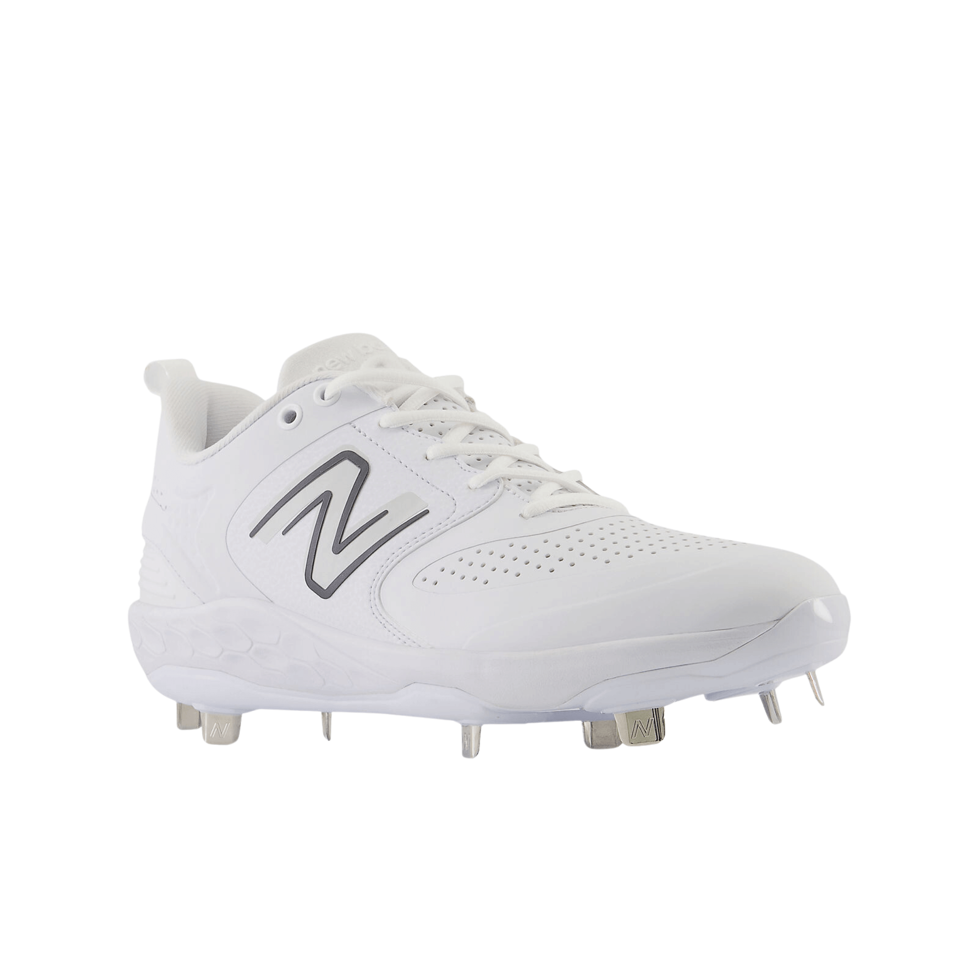 New Balance Fresh Foam X 3000 v6 Metal Synthetics baseball cleat in white, featuring perforated synthetic upper for durability.