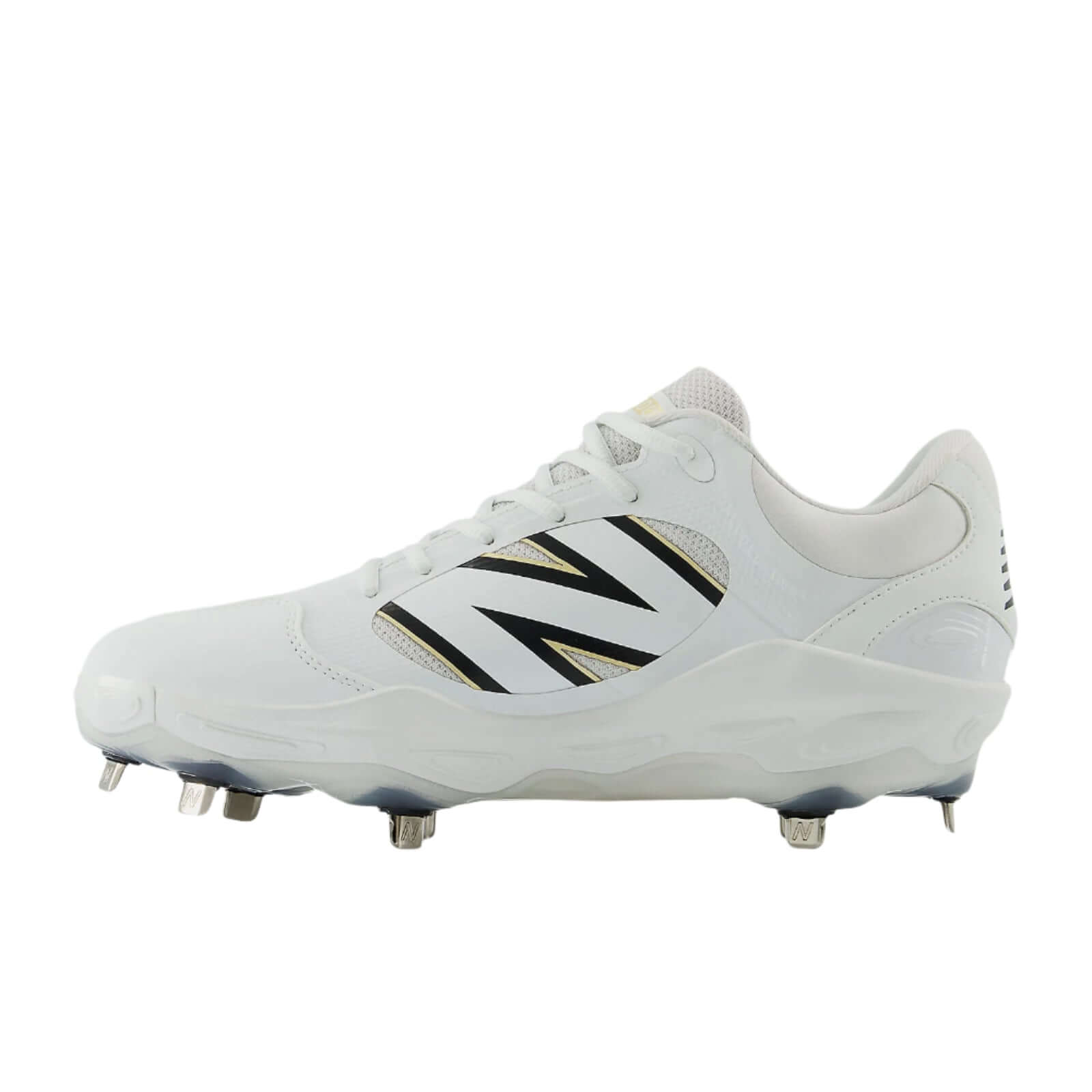 New Balance Fresh Foam X 3000v7 baseball cleats in white, featuring an 8-spike metal plate for optimal traction.