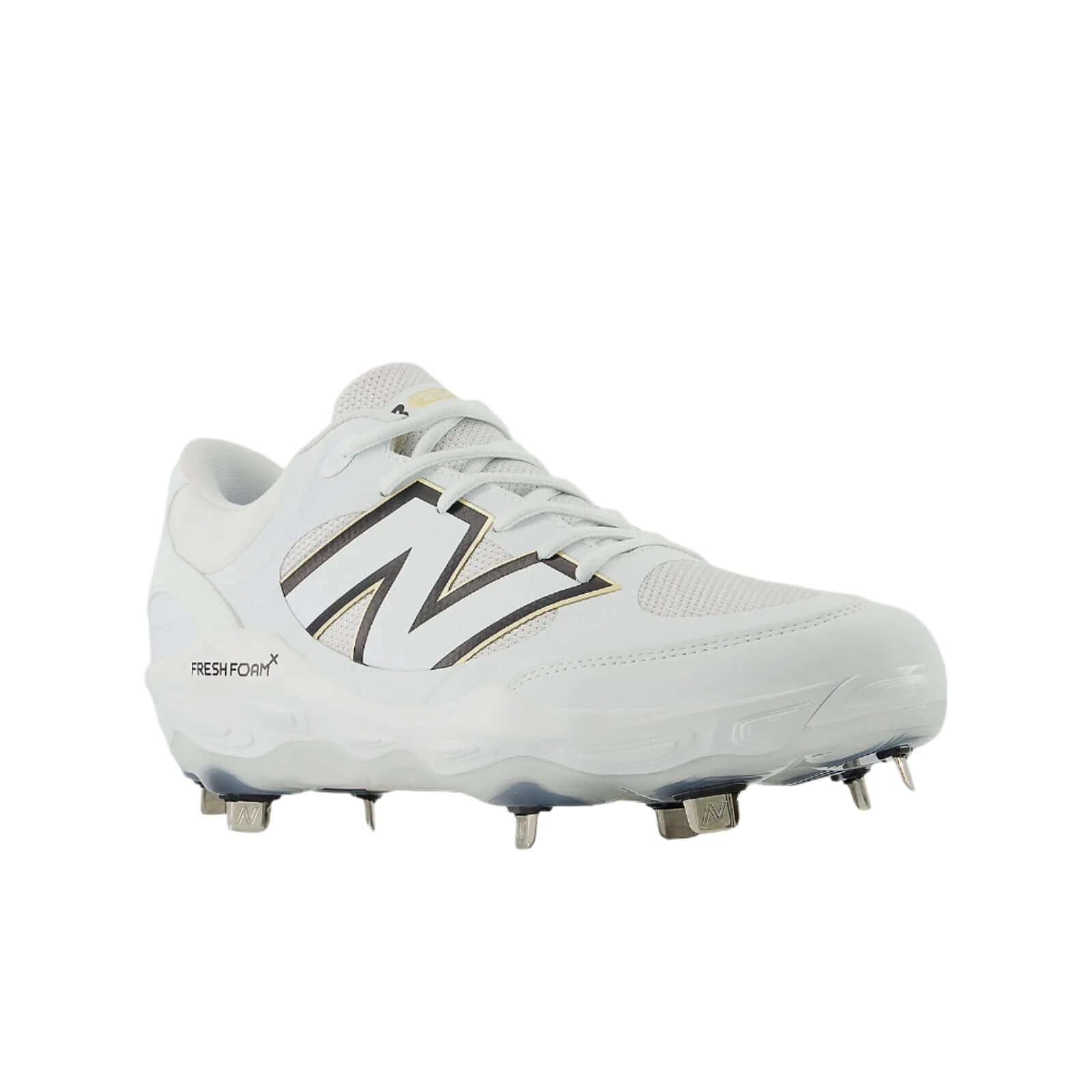 New Balance Fresh Foam X 3000v7 baseball cleats in white, featuring an 8-spike metal plate for optimal traction.