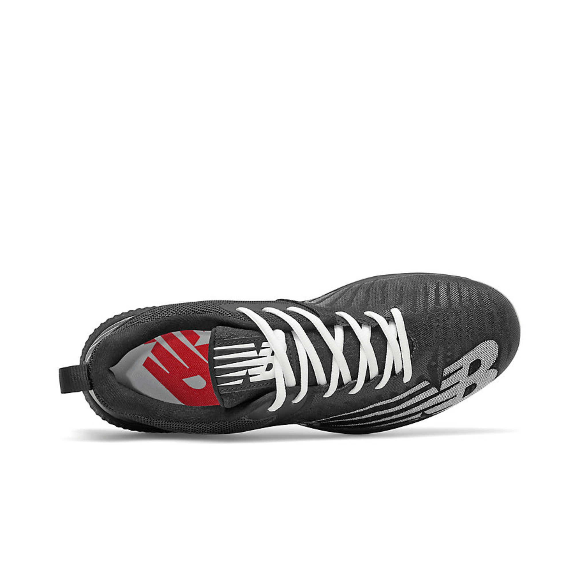 New Balance FuelCell 4040 v6 black metal cleat top view featuring white laces and sleek design.