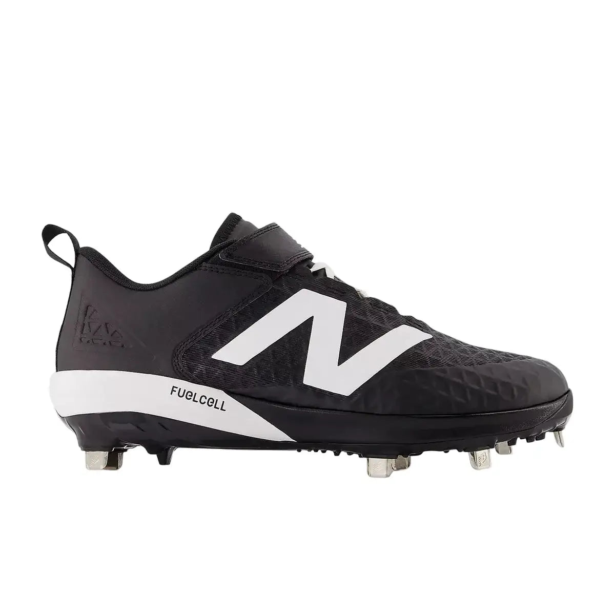 Side profile of New Balance FuelCell 4040 V8 Cleats | Black showing stud pattern and logo.