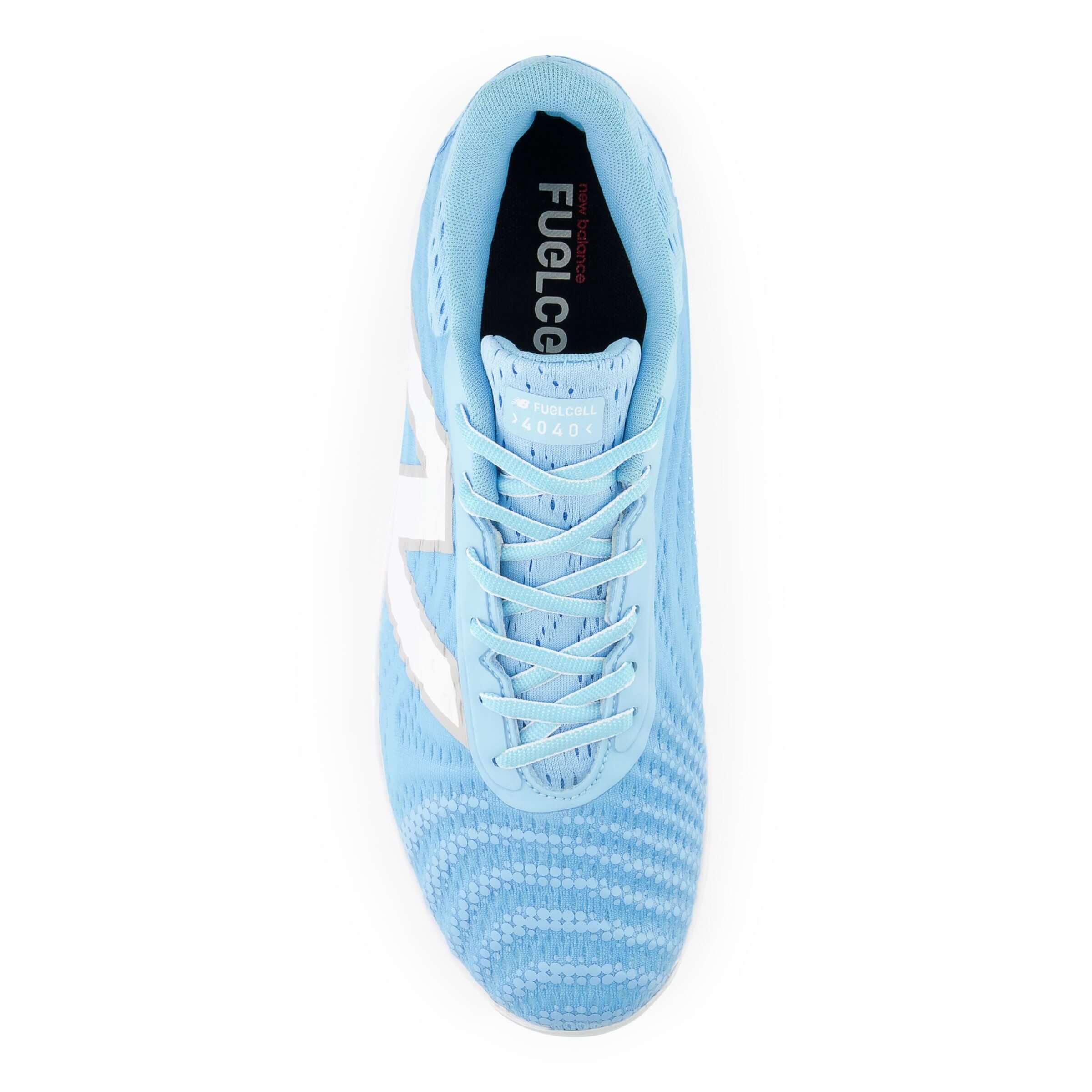 Top view of New Balance FuelCell 4040 v7 Metal Baseball Cleats in Team Sky Blue with white accents.