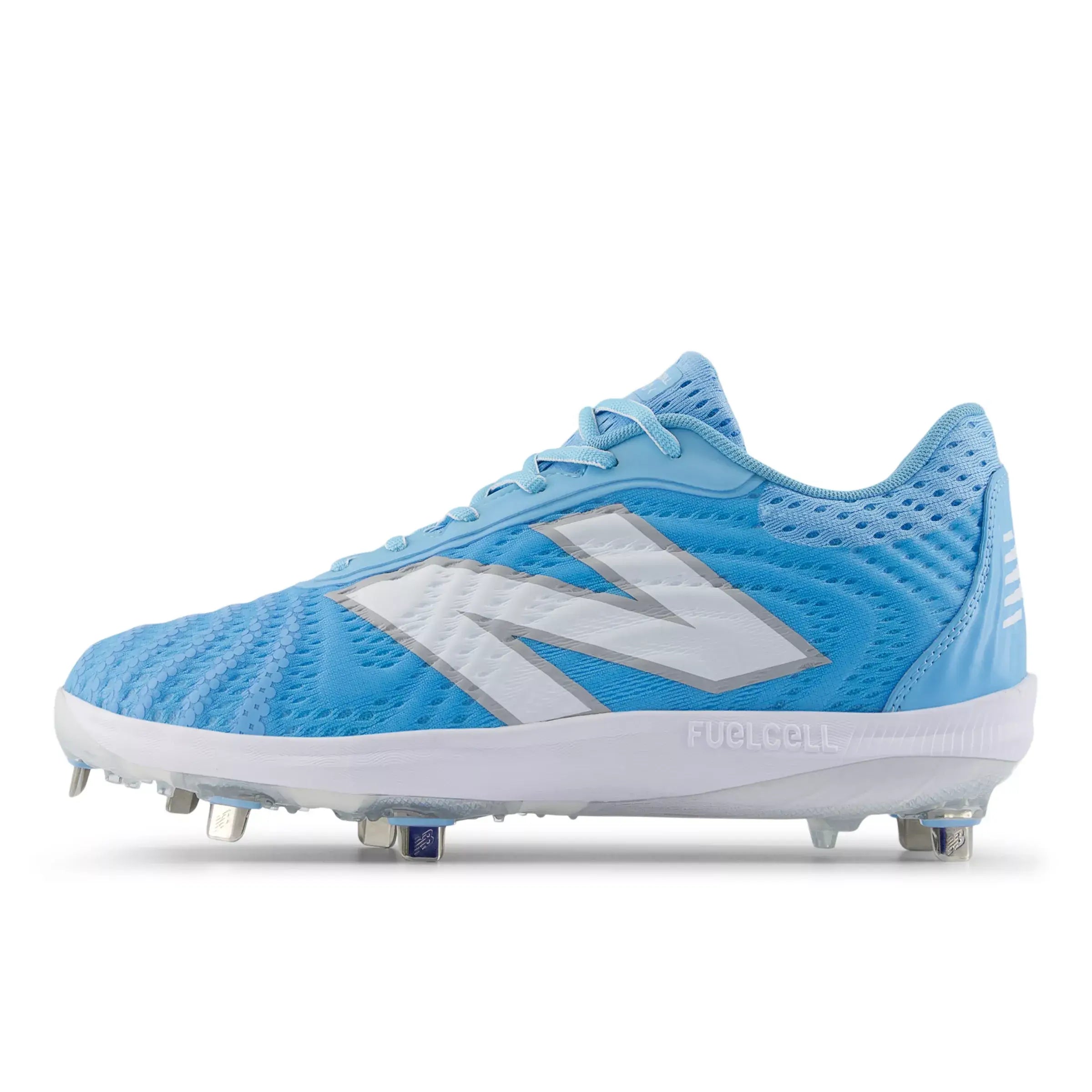 New Balance FuelCell 4040 v7 Metal Baseball Cleats in Team Sky Blue highlighted on white background.