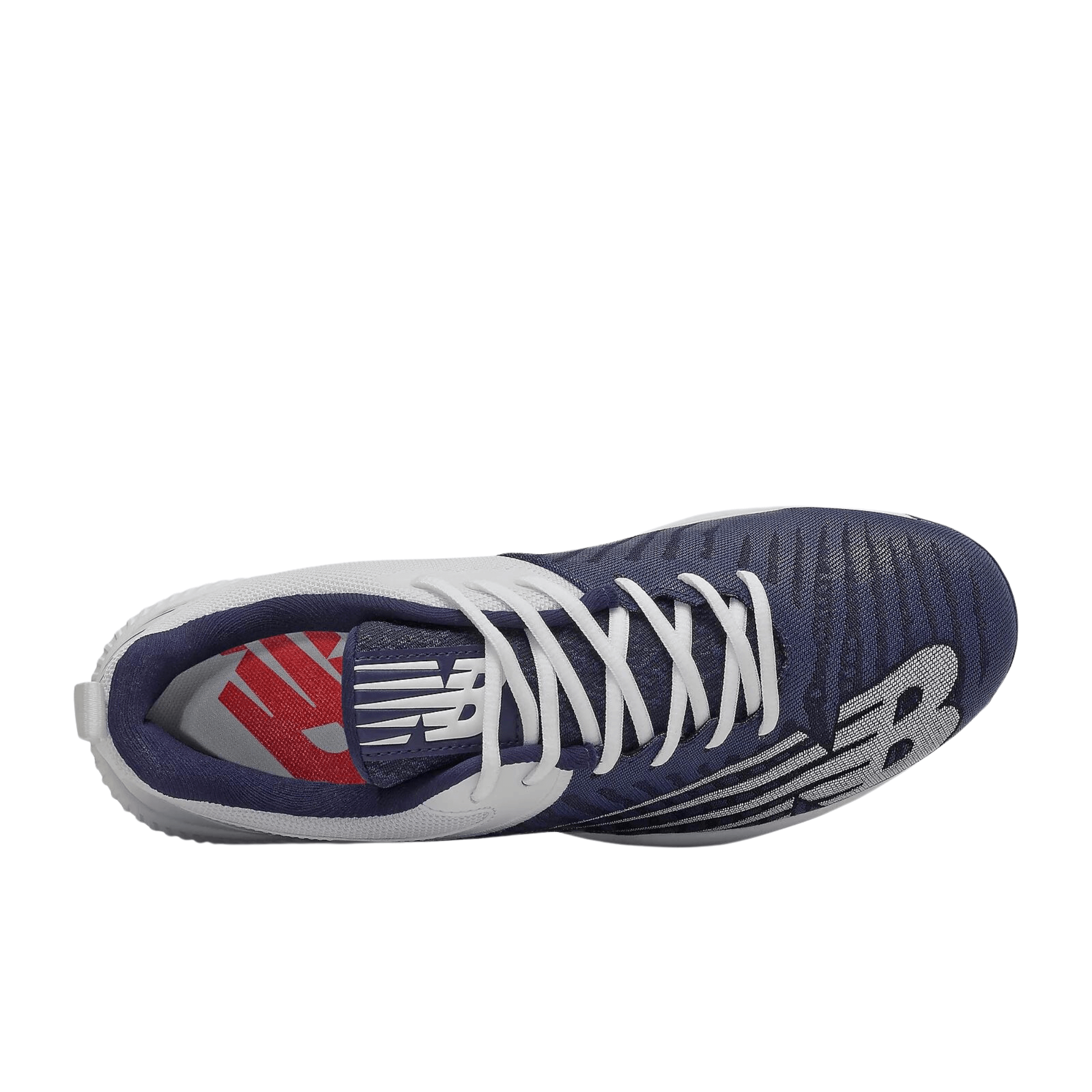 New Balance FuelCell 4040v6 Metal shoe top view in team navy and white, designed for baseball performance and comfort.
