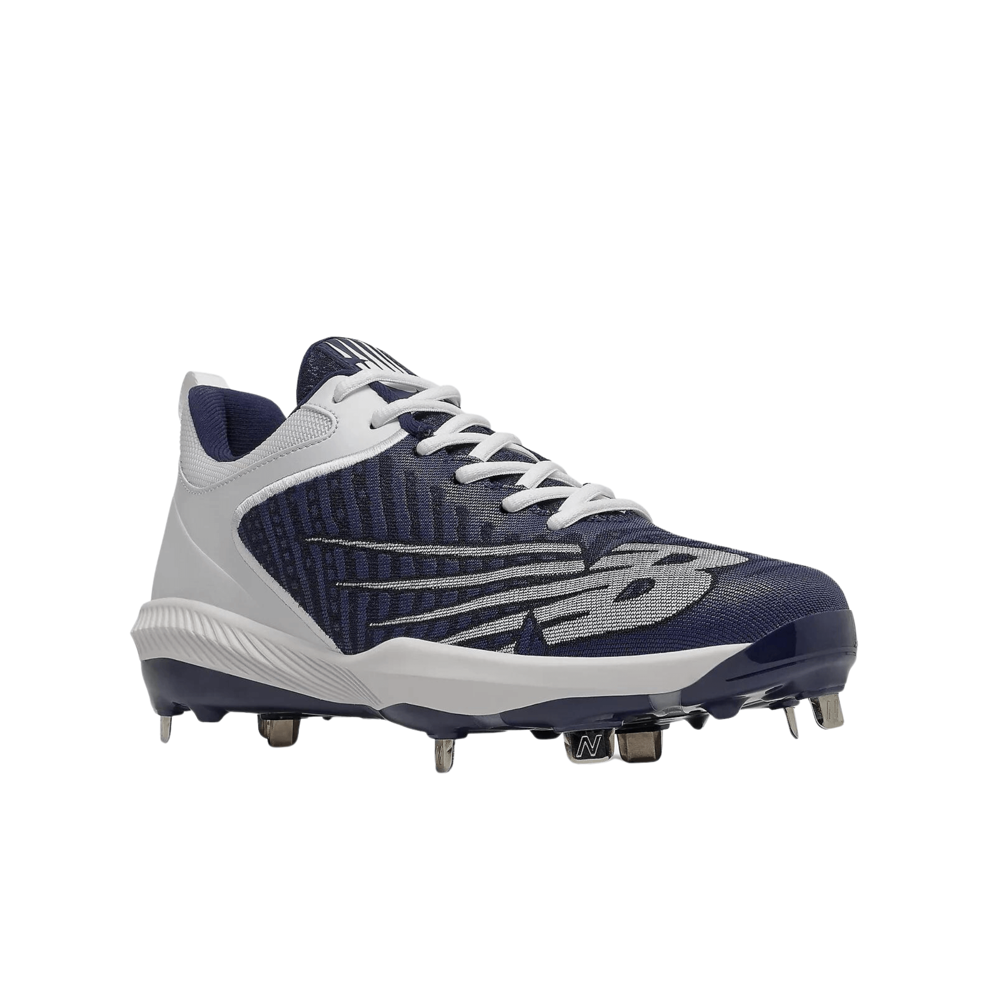 New Balance FuelCell 4040v6 Metal baseball cleats in navy and white, featuring a durable Fit Weave upper and full-length midsole.