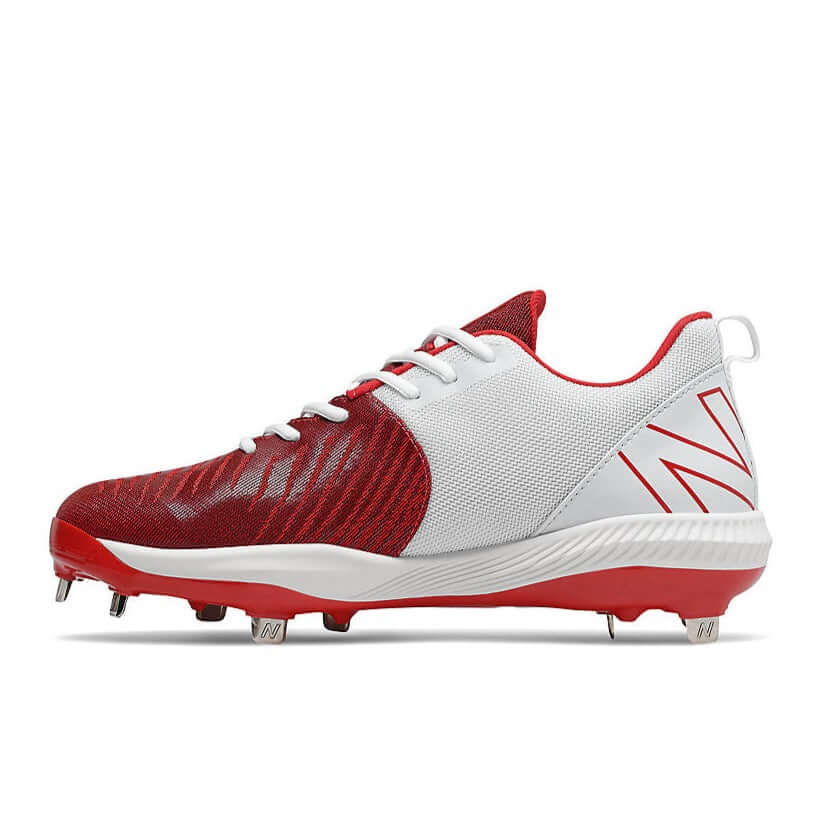 New Balance FuelCell 4040 v6 baseball cleats in team red and white with metal spikes for enhanced performance.
