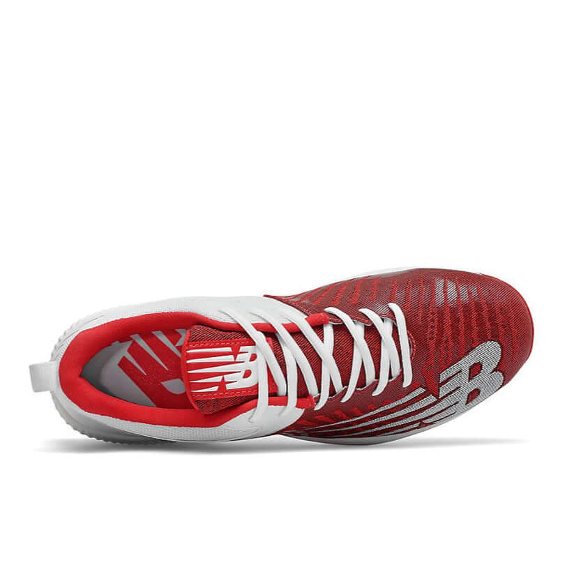 New Balance FuelCell 4040v6 baseball shoe in team red with low-cut design and white laces on a clean background.