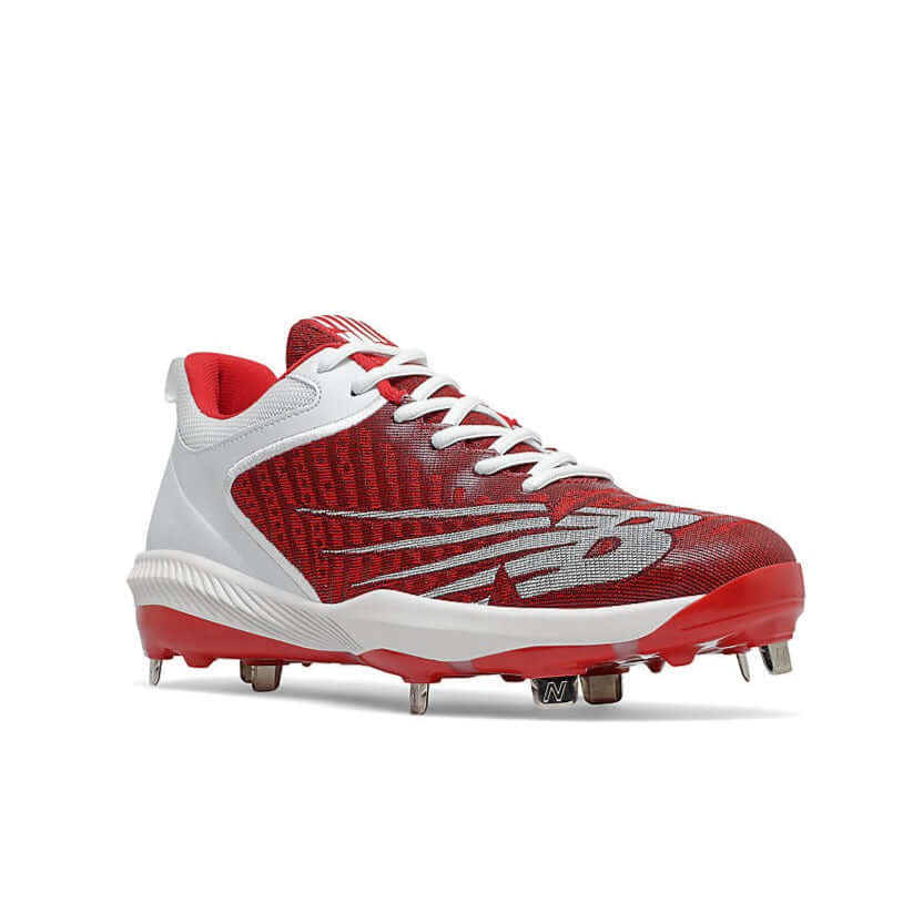 New Balance FuelCell 4040 v6 Metal cleats in Team Red, featuring a low-cut design and durable Fit Weave upper.