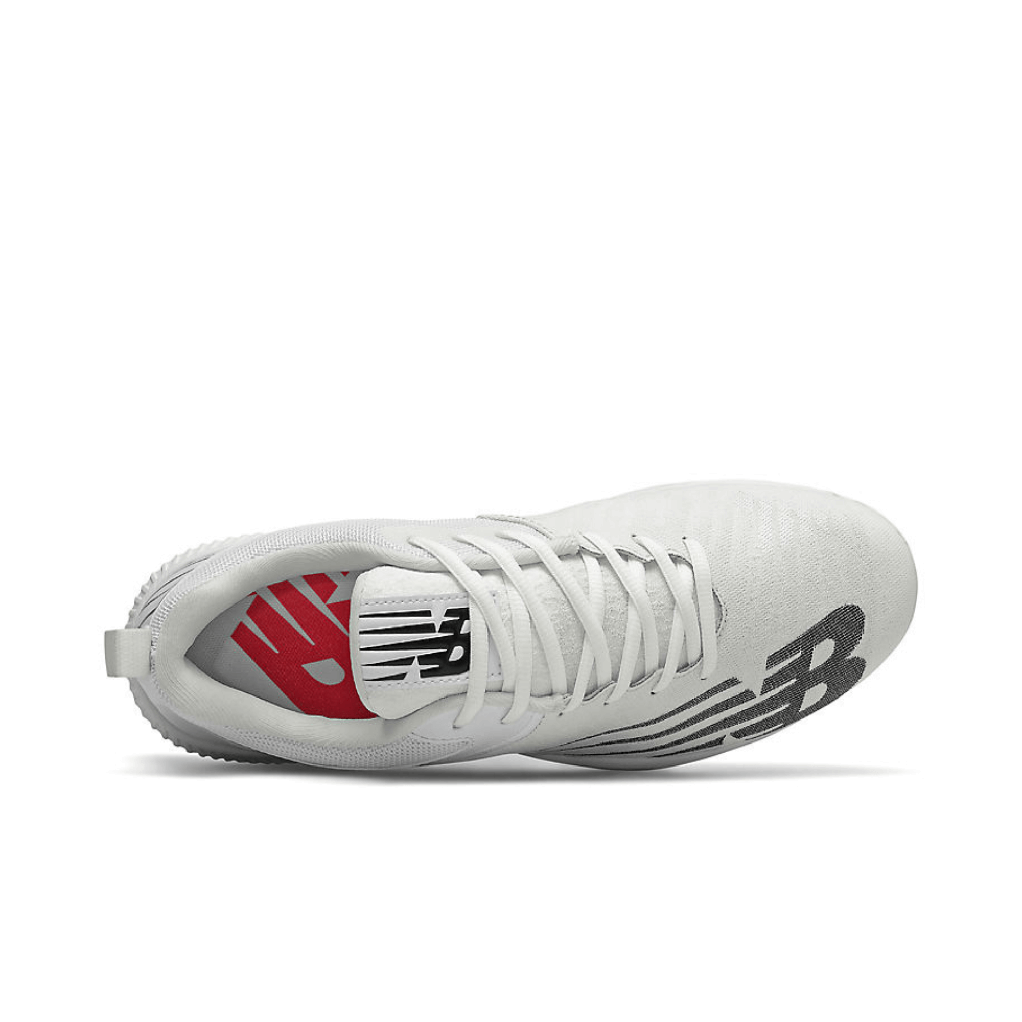 New Balance FuelCell 4040v6 Metal Cleat in white, showcasing upper design and logo detail from above.