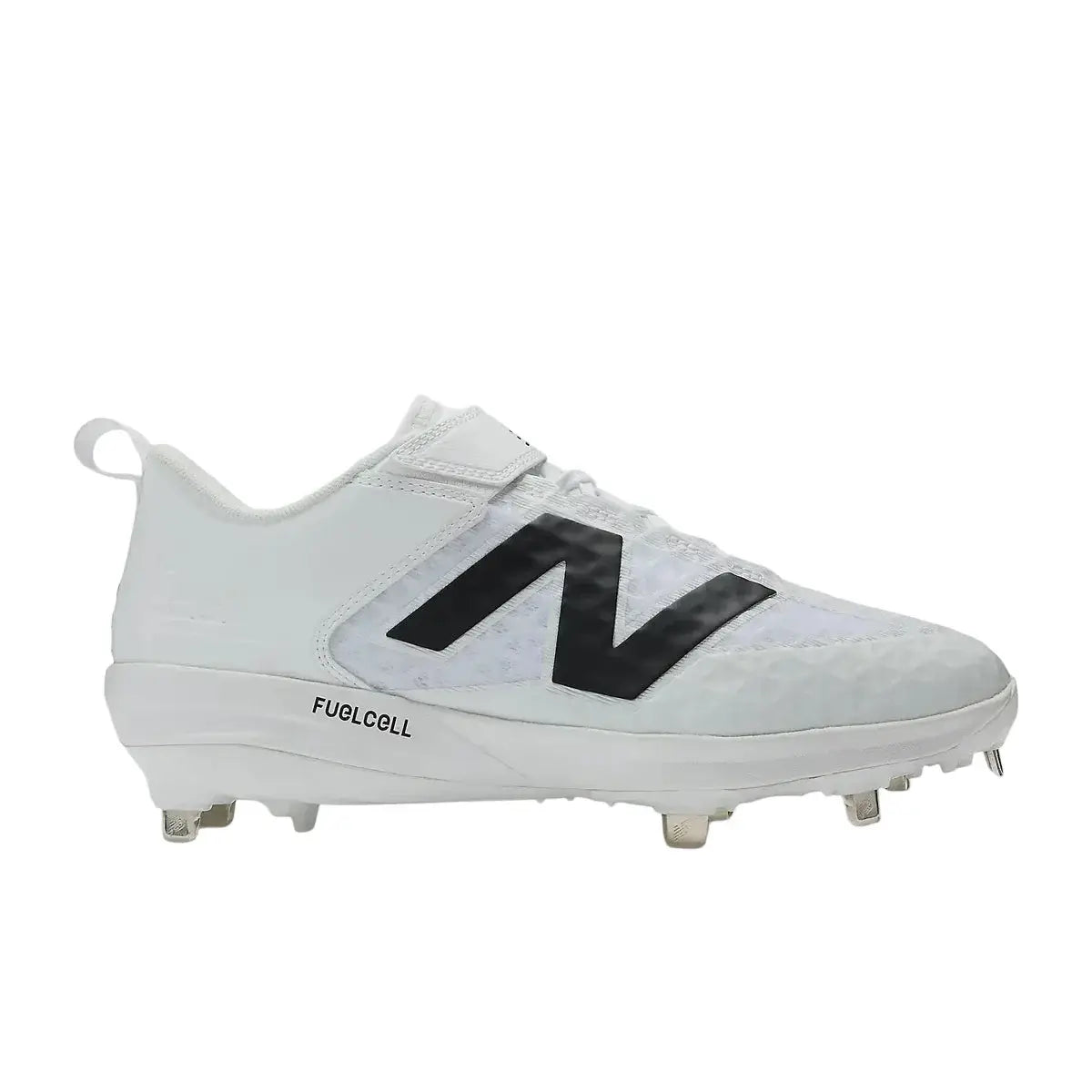 Side profile of New Balance FuelCell 4040 V8 Cleats | White, showing stud pattern and logo placement.