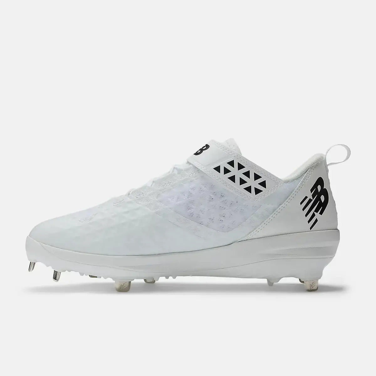 Side profile of New Balance FuelCell 4040 V8 Cleats | White with visible stud pattern and New Balance logo on heel.