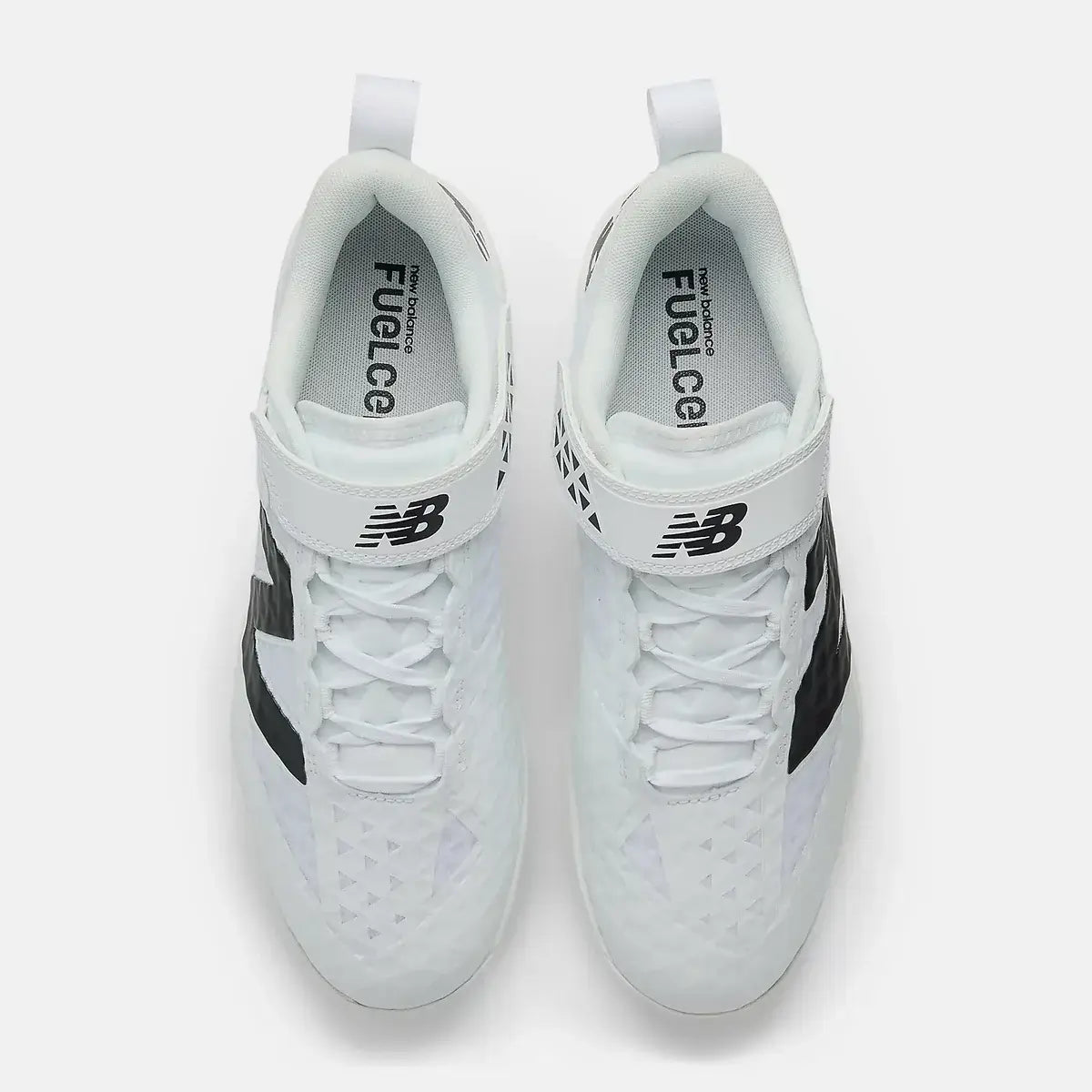 Top view of New Balance FuelCell 4040 V8 Cleats in white, showcasing lacing system and logo placement.