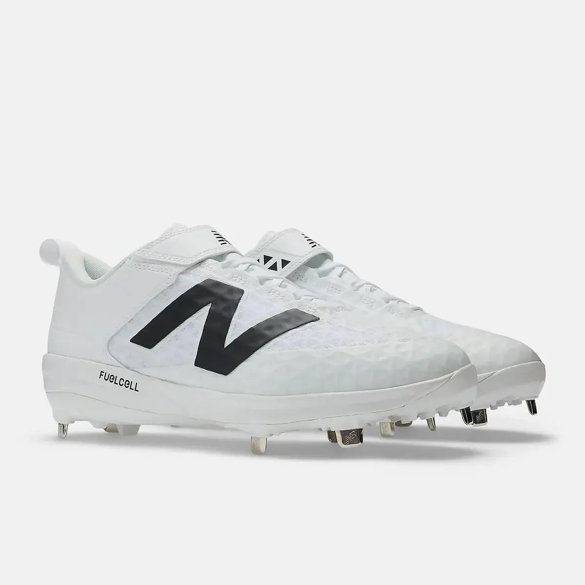 New Balance FuelCell 4040 V8 Cleats | White, side profile showing logo and stud pattern
