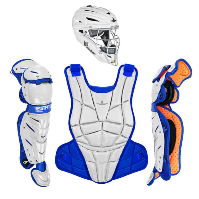All-Star AFx Fastpitch Catching Kit / Medium in white and blue, showing helmet, chest protector, and leg guards, front and side view.