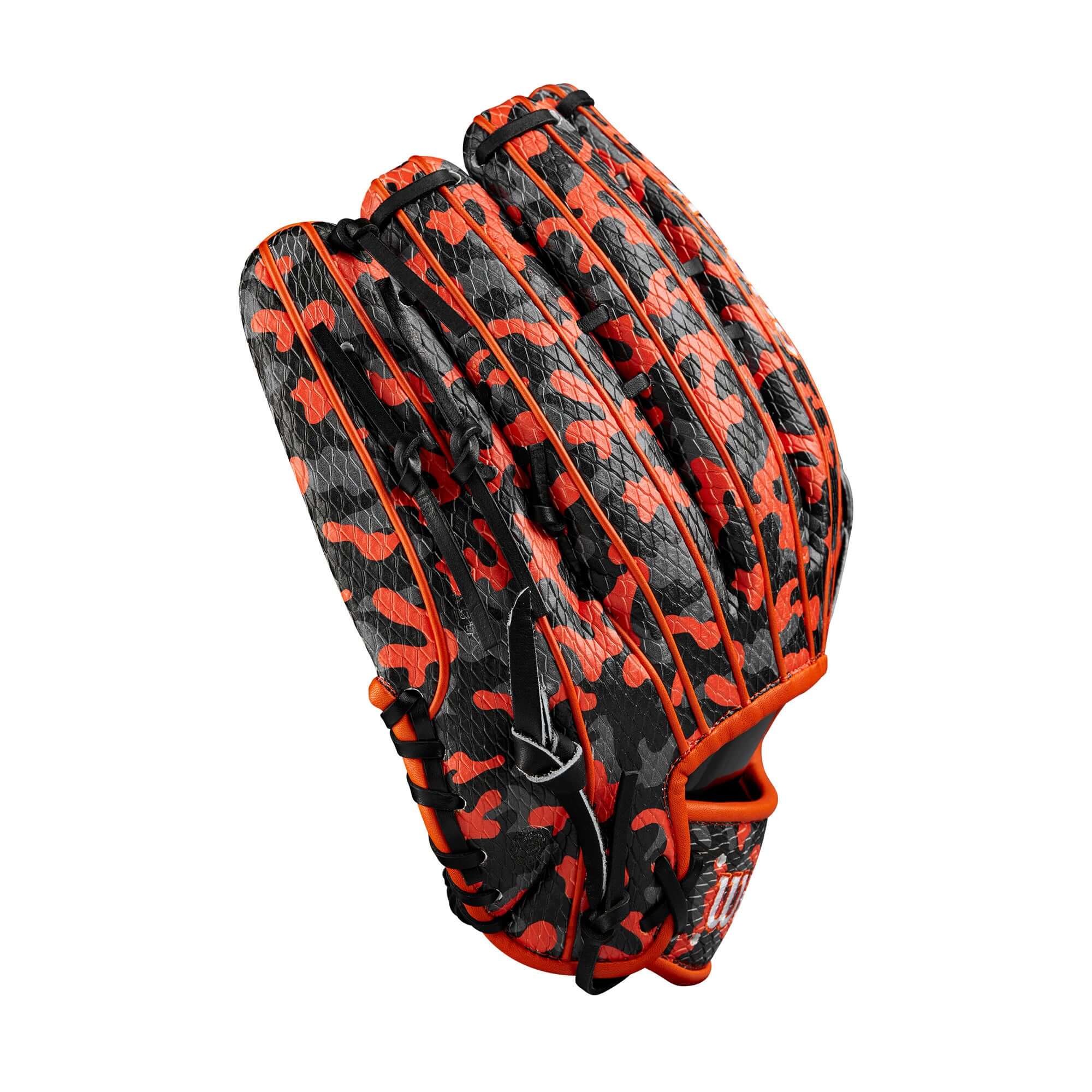 Wilson A2000 1777 glove in orange, black, and grey camouflage design, perfect for October 2024 gameplay.