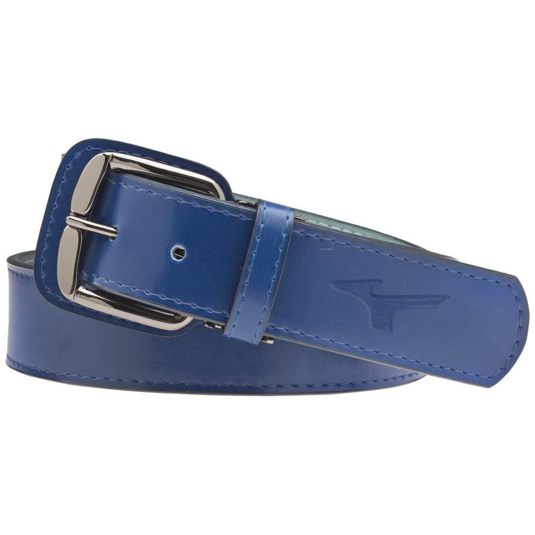 Mizuno Classic Leather Baseball Belt in blue with polished metal buckle and cut-to-fit design for custom sizing.