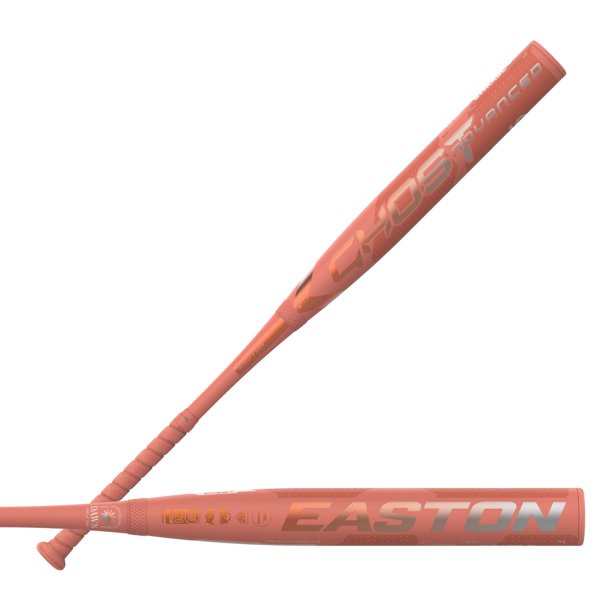 Easton Ghost Advance Dawn Limited Edition Fastpitch Bat (-10), side profile and barrel close-up, orange with silver text.