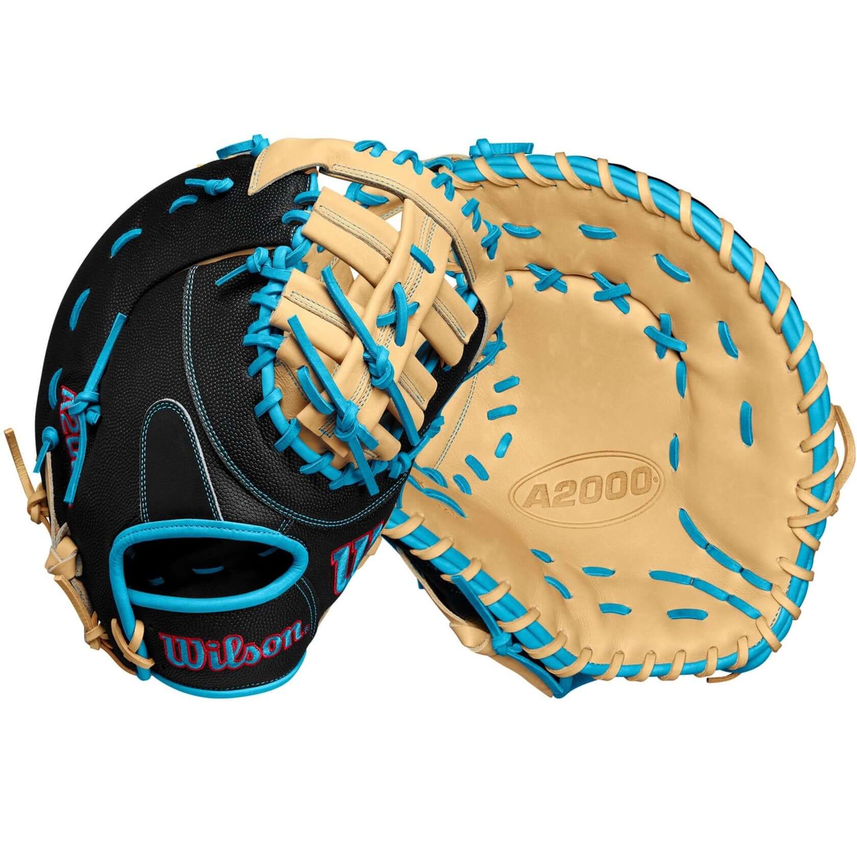 Wilson A2000 1679SS 12.5” first base mitt in black and sky blue with Blonde leather palm and Single Post Web design.