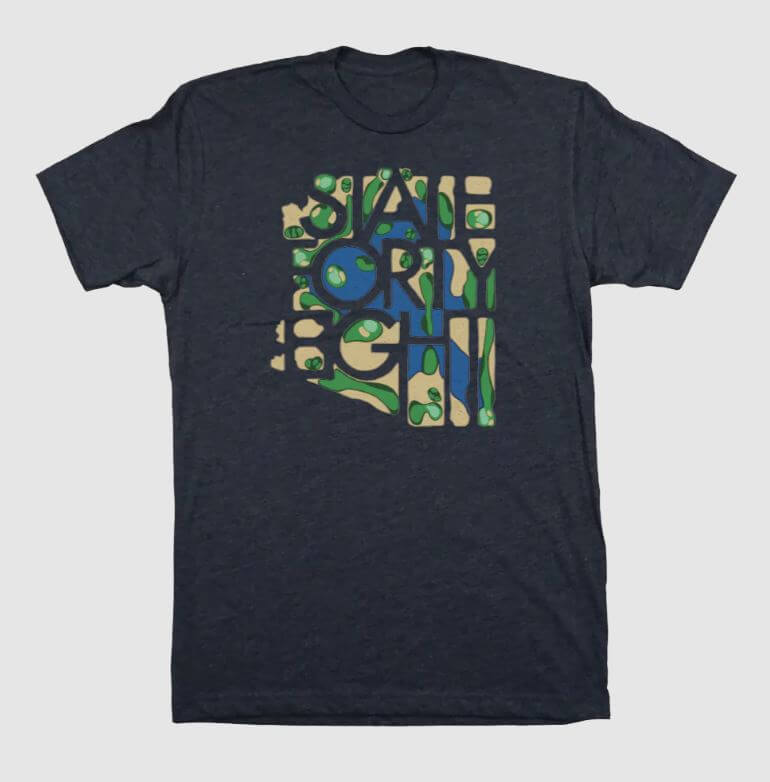 Navy blue T-shirt with State Forty Eight Front Nine design featuring a golf course layout in green and tan.