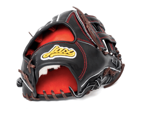 Jax LJ-10 12.5 inch black outfield glove featuring red palm liner and brown lace details.
