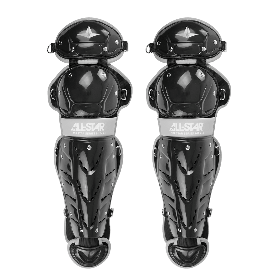 All-Star Top Star Catcher's kit leg guards in black, featuring adjustable padded liner and stylish design for travel ball catchers.
