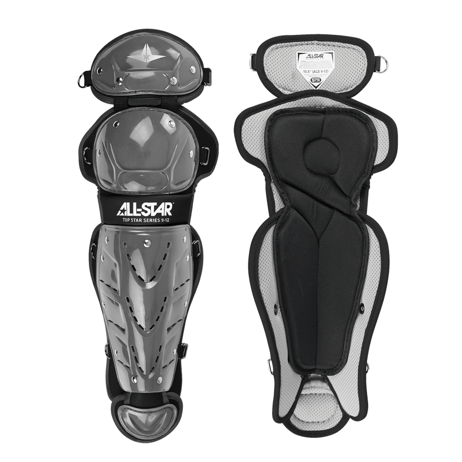 All-Star Top Star Catcher's leg guards featuring adjustable padding and premium mesh fabric, designed for travel ball catchers aged 12-16.