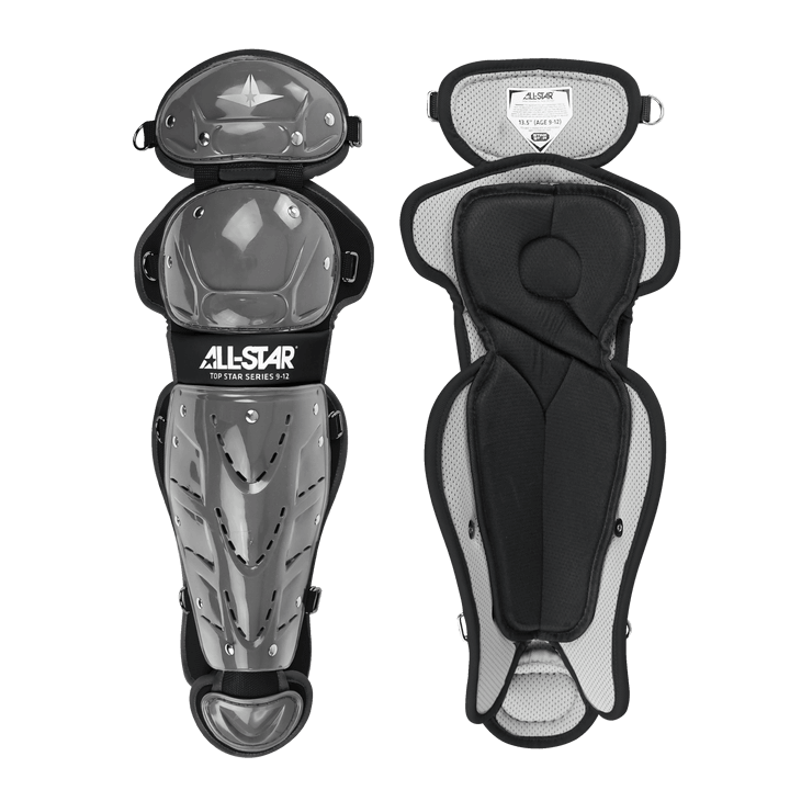 All-Star Top Star Catcher's Kit featuring leg guards with adjustable padding and premium mesh fabric, designed for ages 9-12.